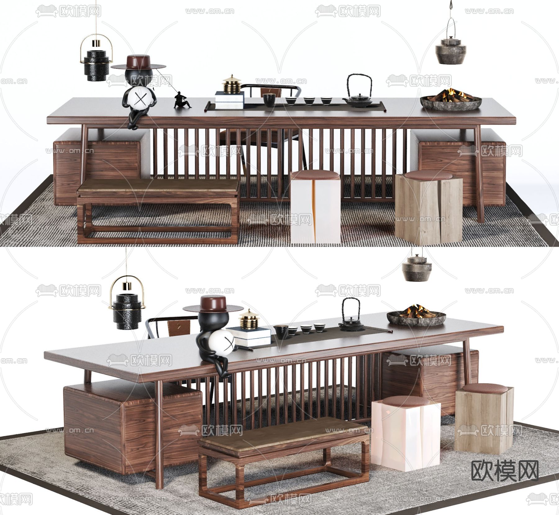 新中式实木茶桌椅3d模型下载