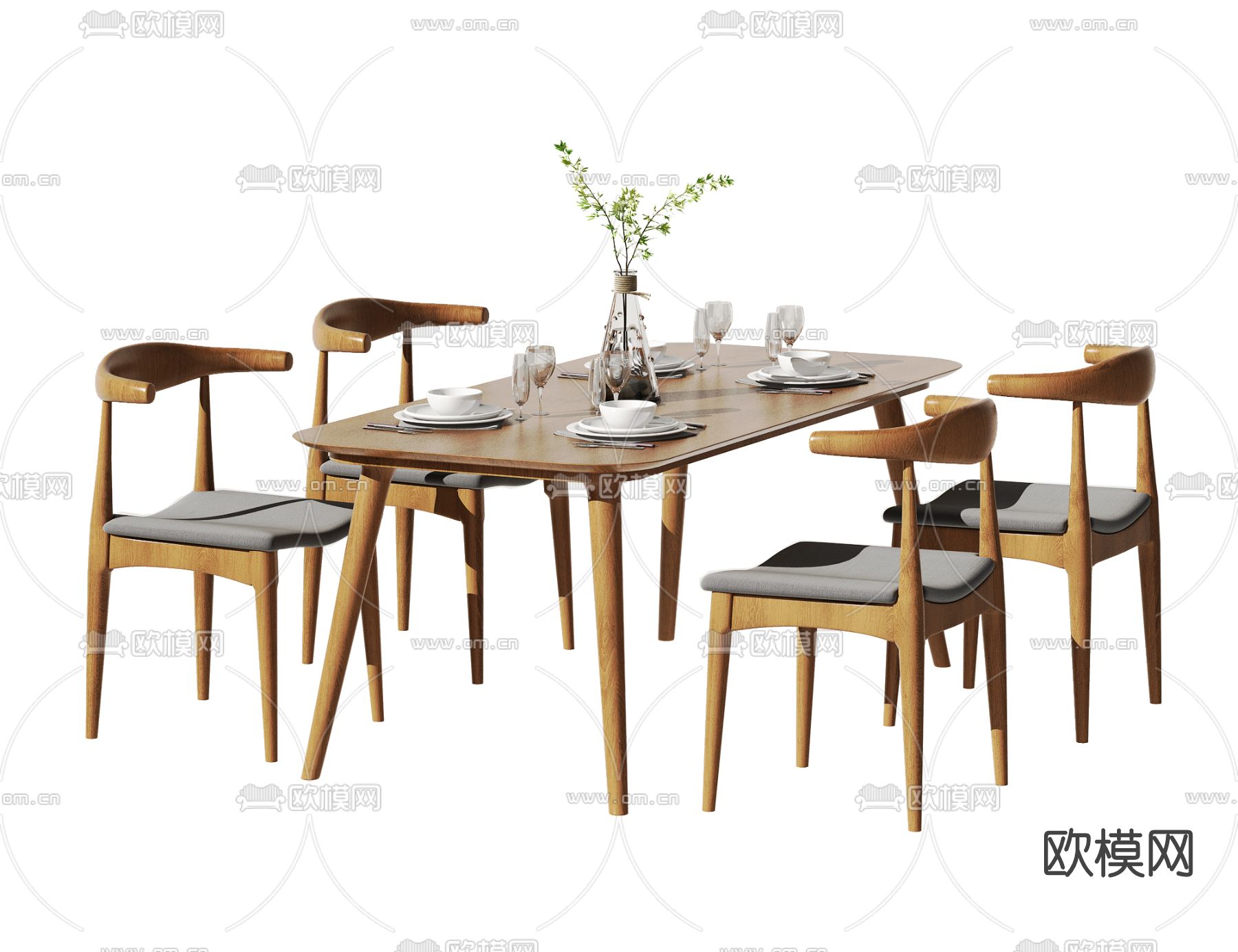 北欧实木条形餐桌椅3d模型下载