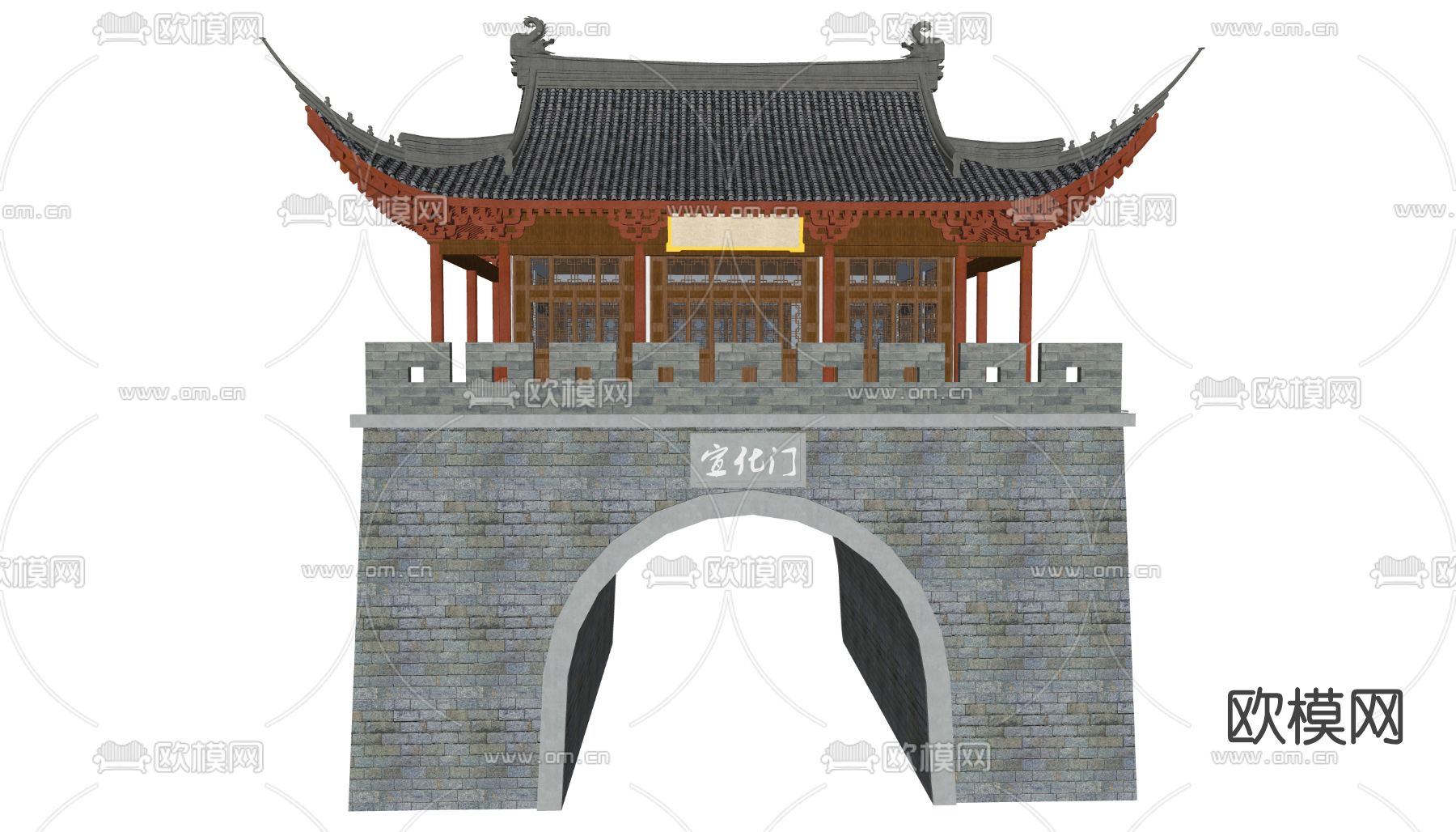 中式古城楼古建城门su模型下载