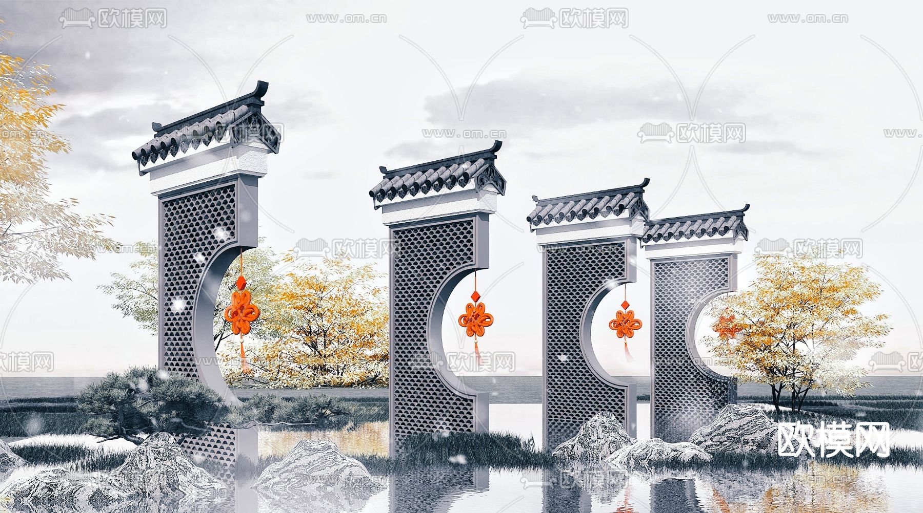 新中式园林景观墙3d模型下载