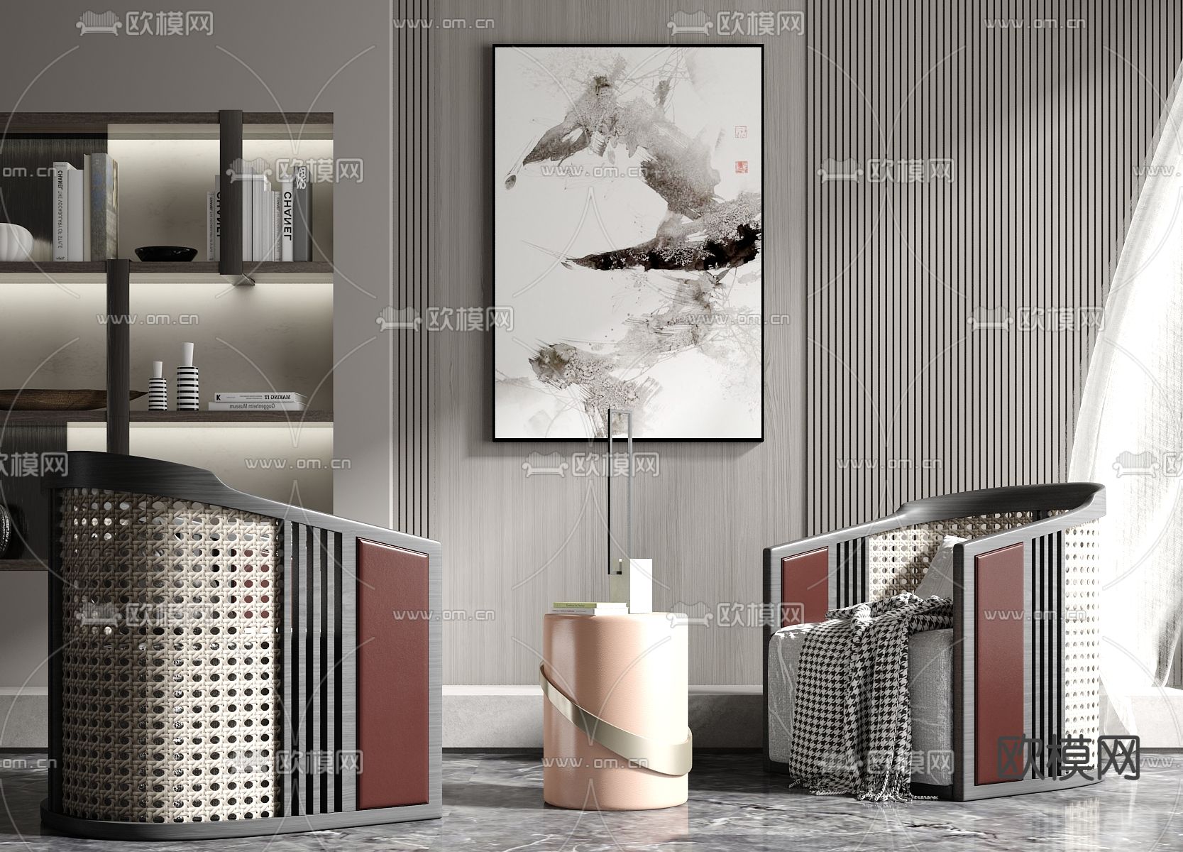 新中式布艺单人沙发3d模型下载