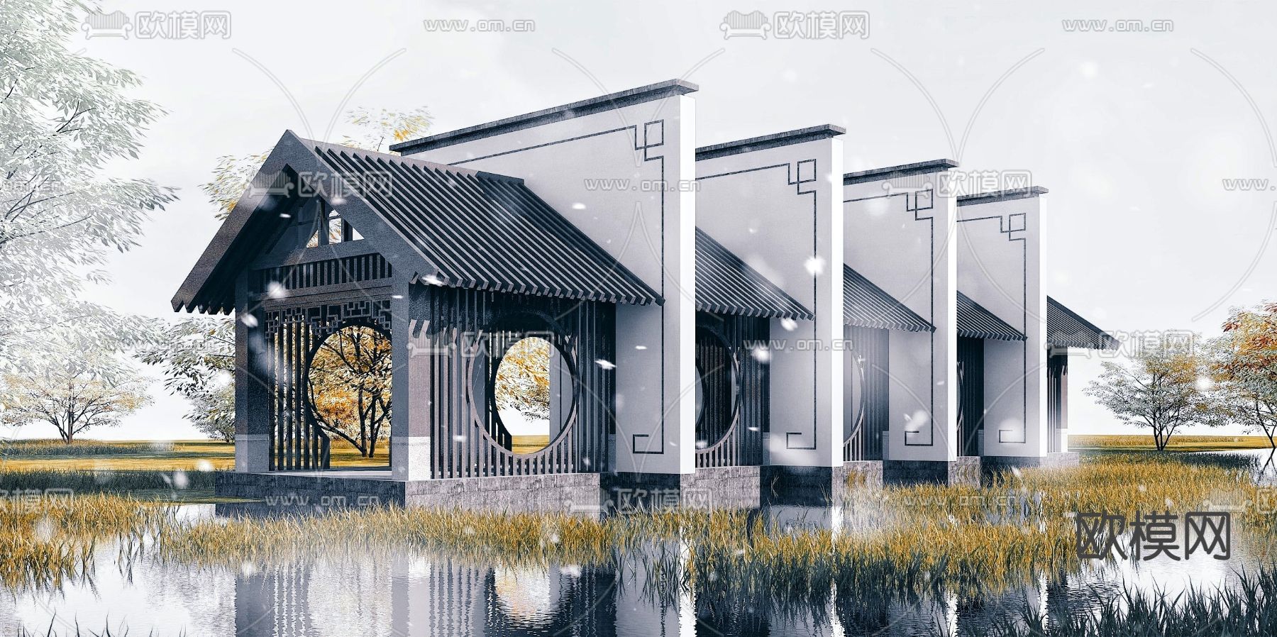 新中式休闲长廊园林景观小品3d模型下载