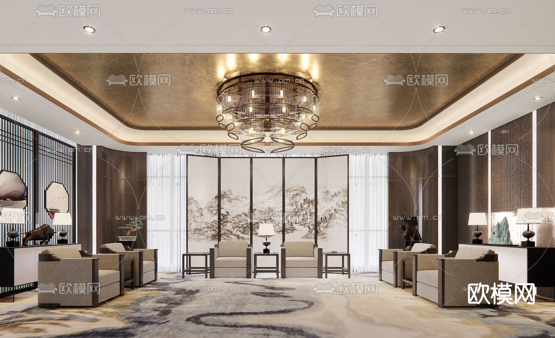 新中式酒店会客室su模型下载（渲染图1）