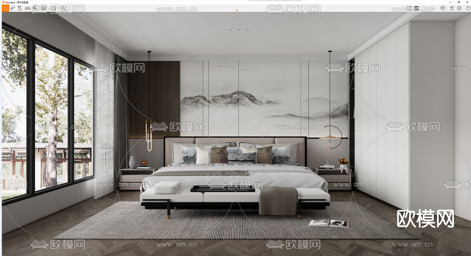 新中式卧室su模型下载（渲染图3）