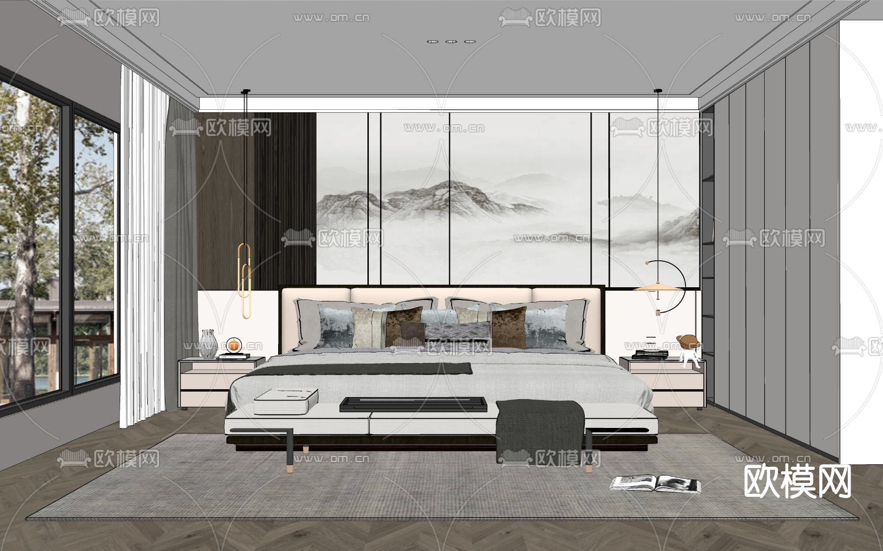 新中式卧室su模型下载（渲染图2）