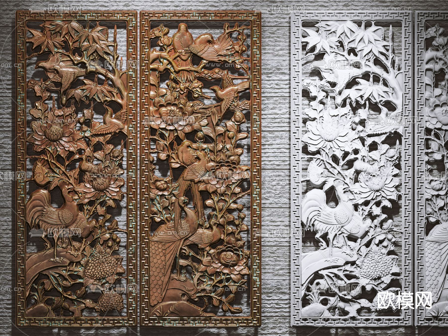 中式镂空花鸟雕刻雕花3d模型