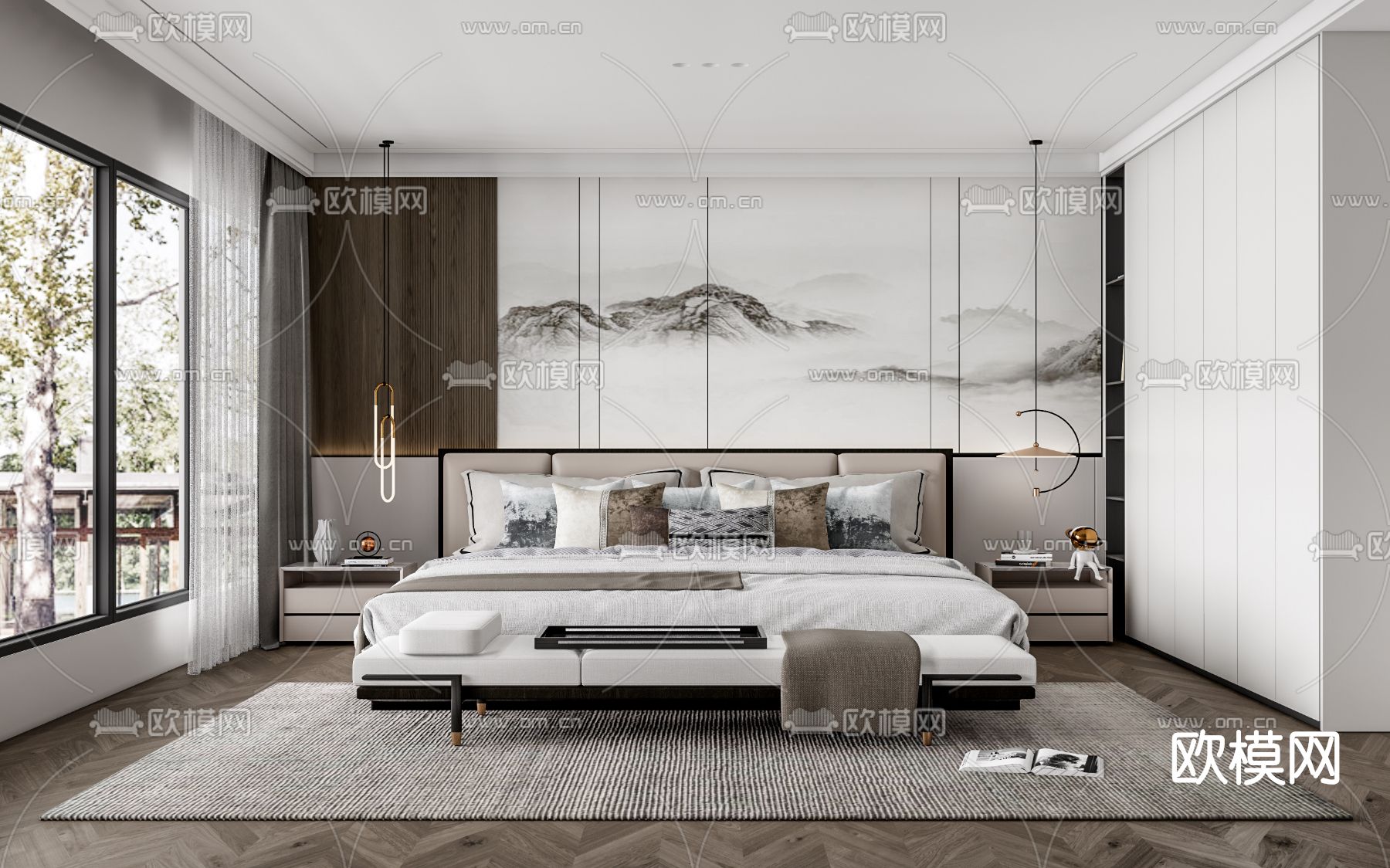 新中式卧室su模型下载（渲染图1）