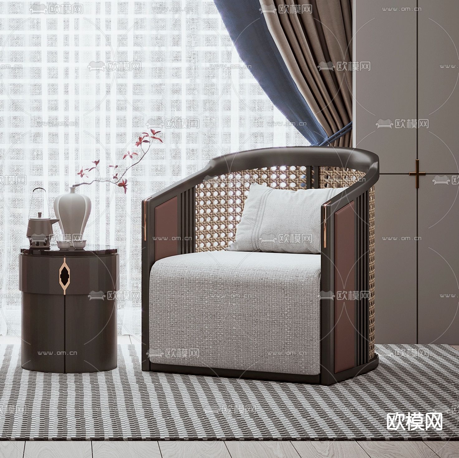 新中式休闲椅窗帘3d模型下载（渲染图2）