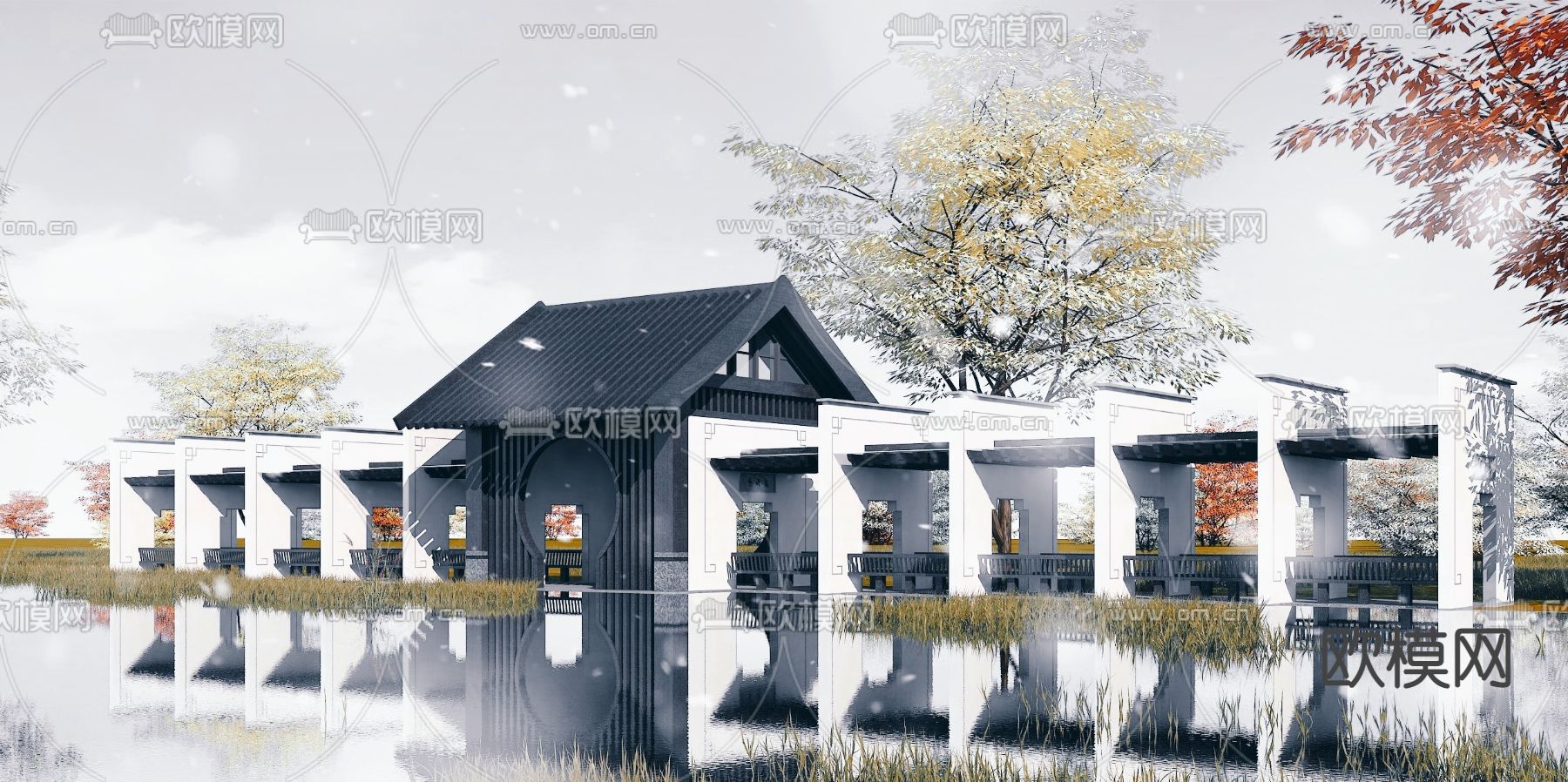 新中式休闲长廊园林景观小品3d模型下载