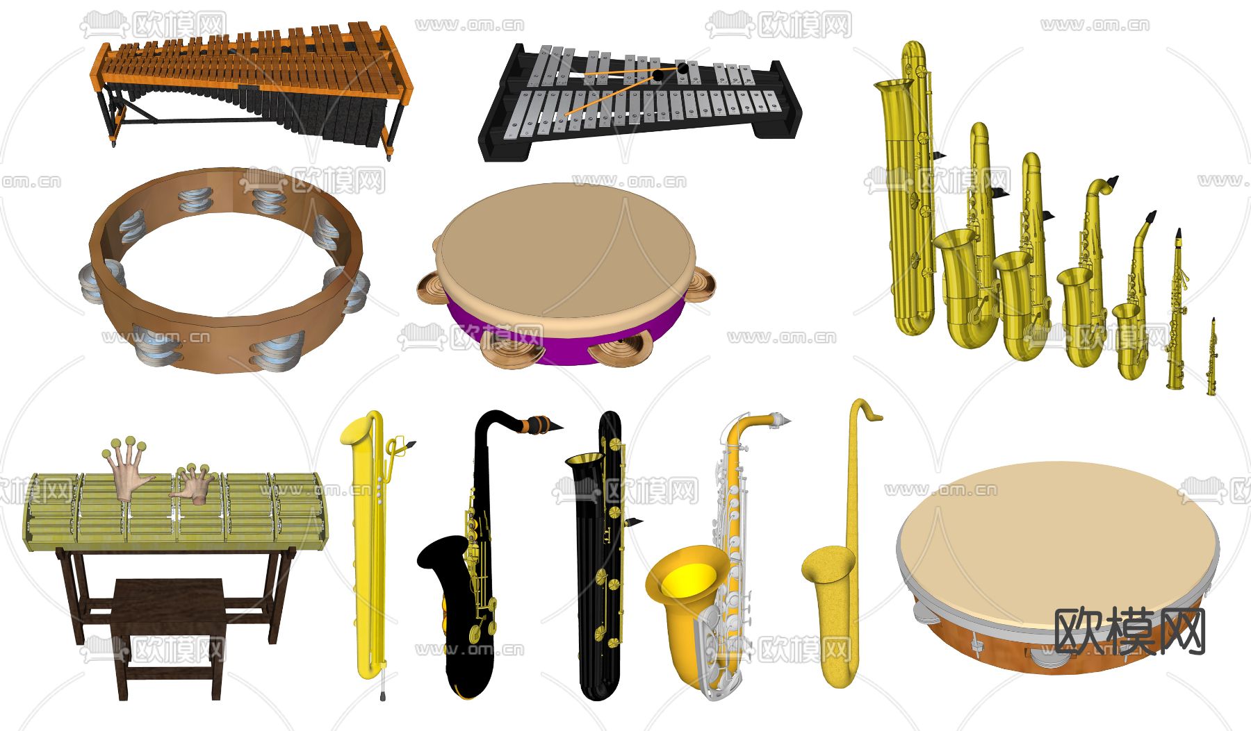 现代铃鼓木琴萨克斯乐器su模型下载