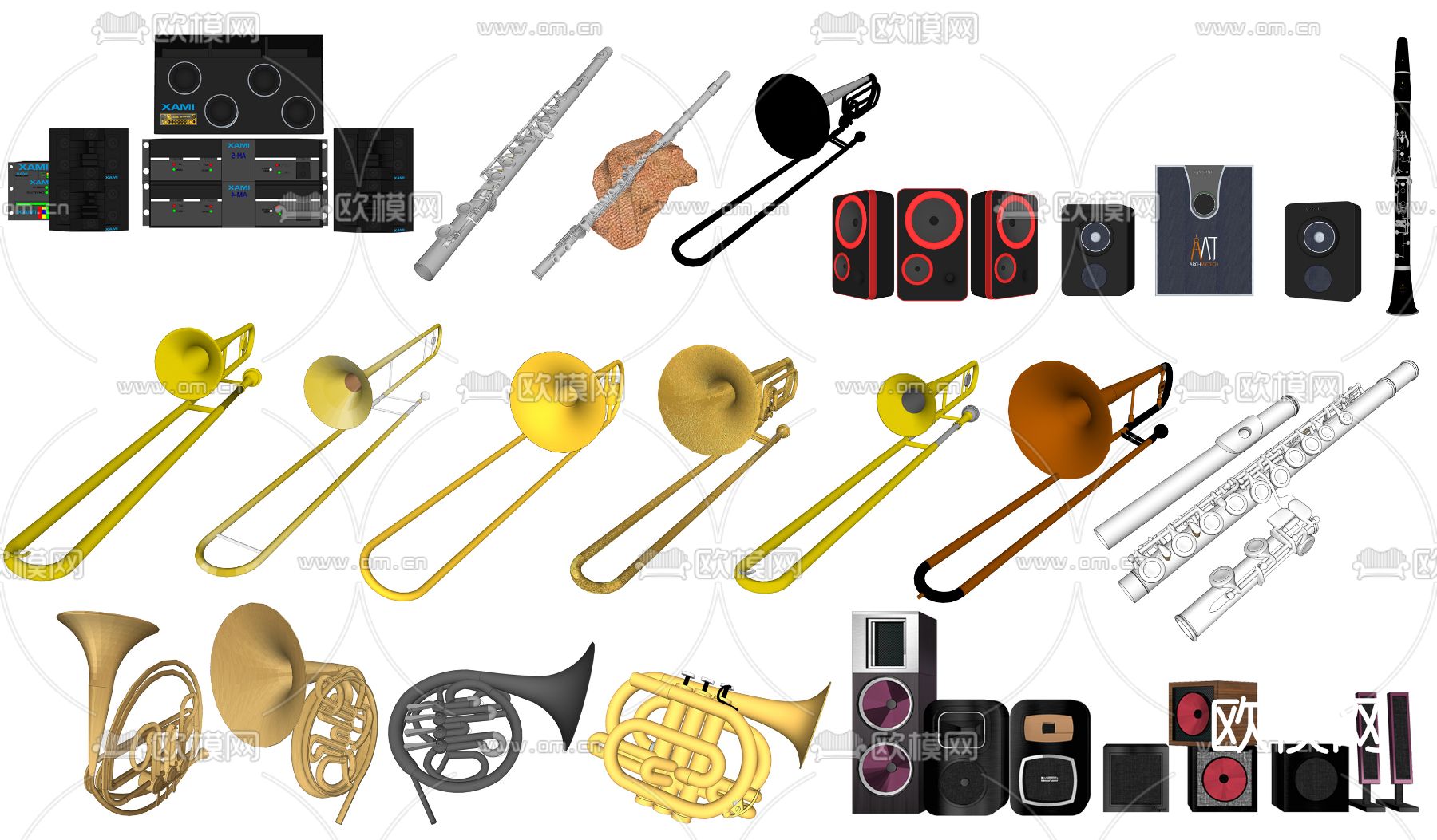 现代音响圆号长笛长号乐器su模型下载