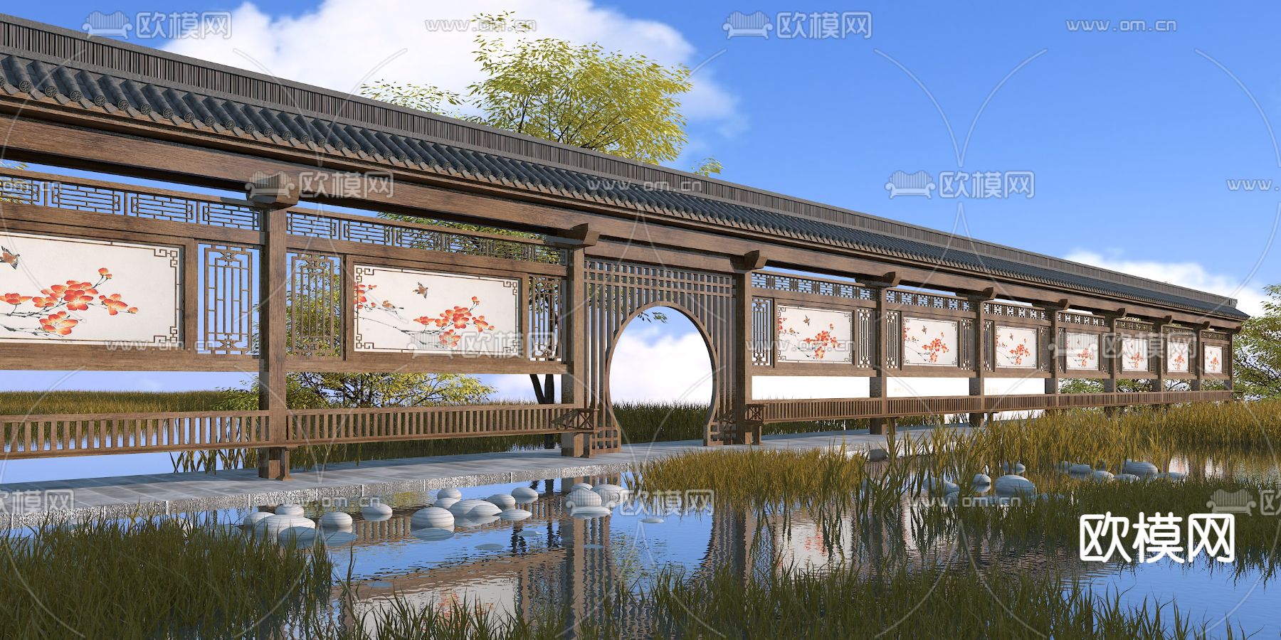 中式景观长廊3d模型下载