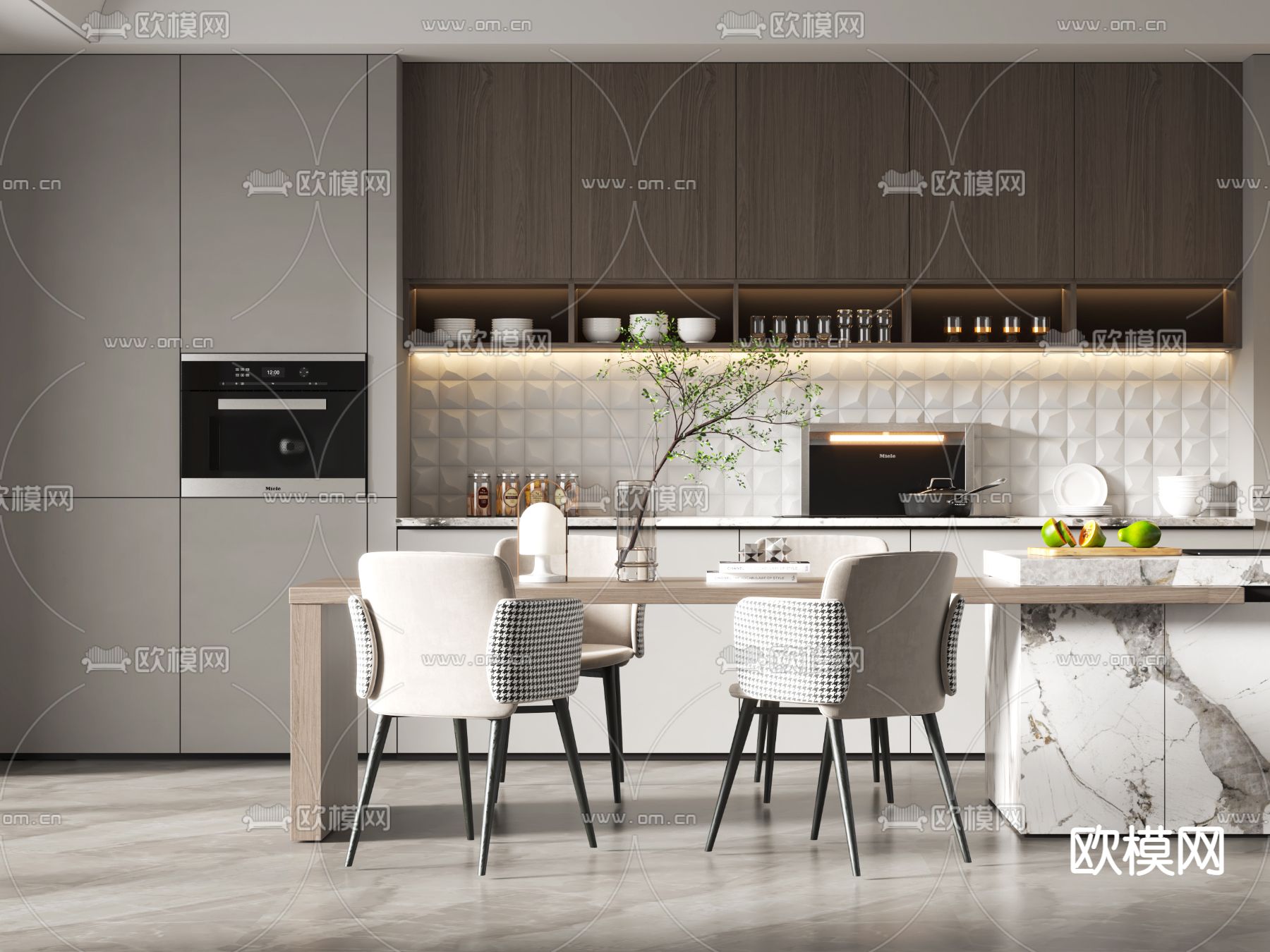 现代中岛餐桌椅3d模型下载（渲染图2）