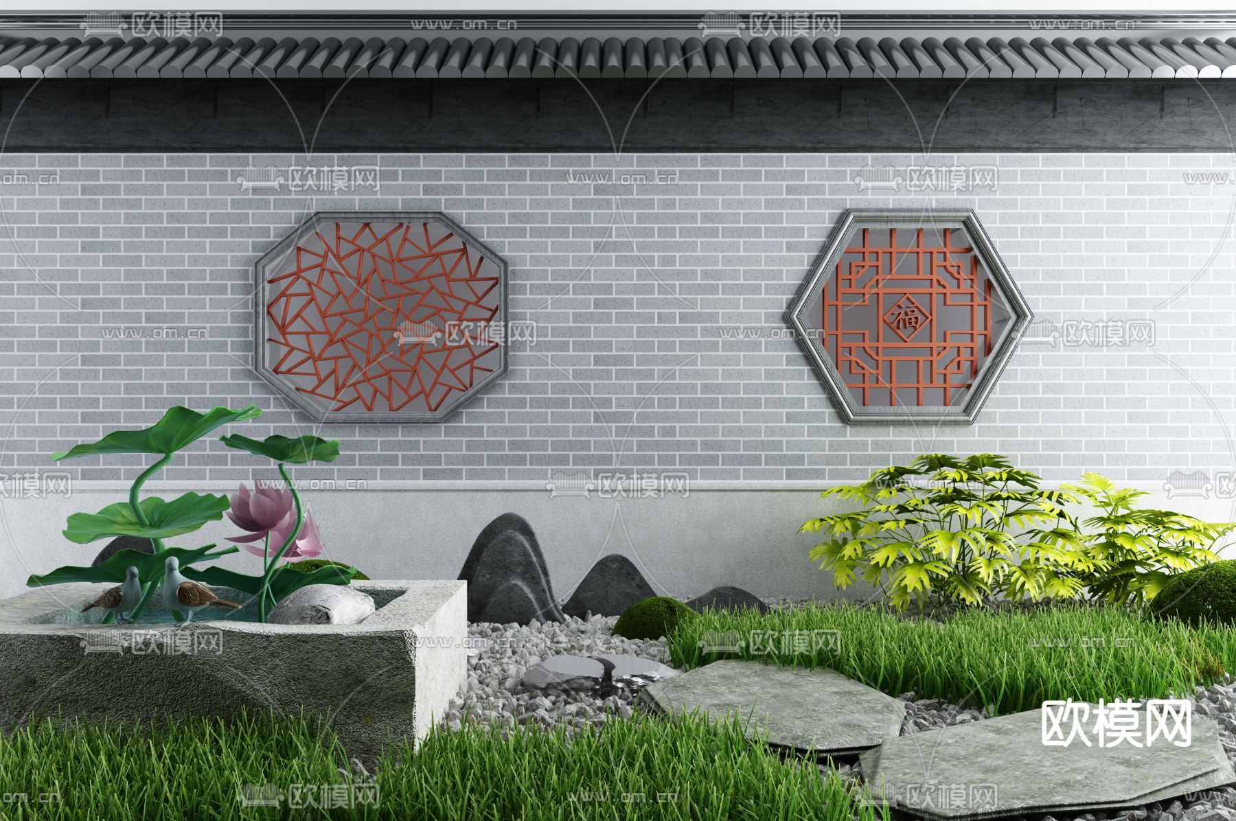 09新中式别墅建筑围墙院墙入口大门3d模型下载-【集简空间】「每日更新」