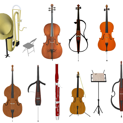  现代乐器巴松管大号大提琴su模型 