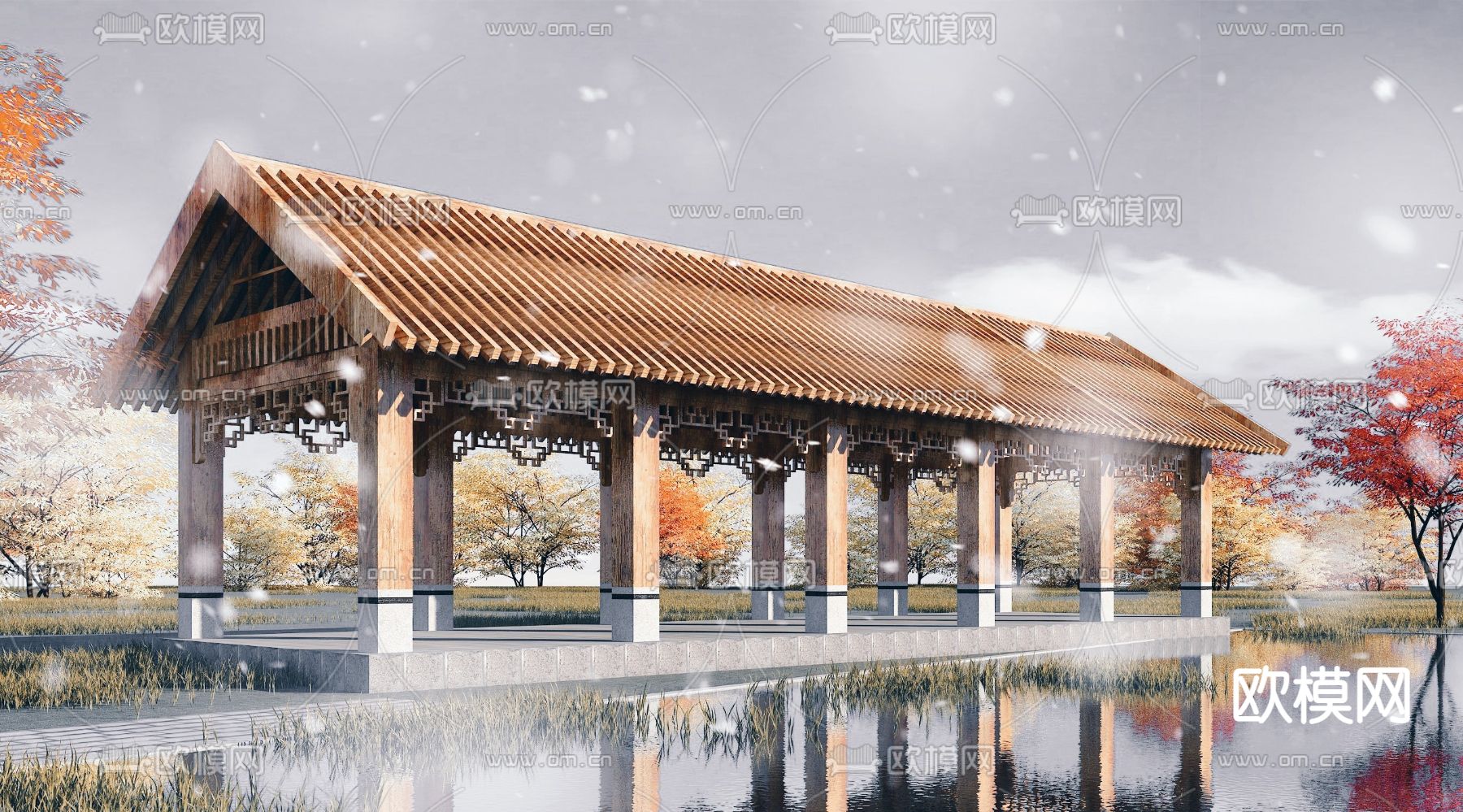 新中式休闲长廊园林景观小品3d模型下载