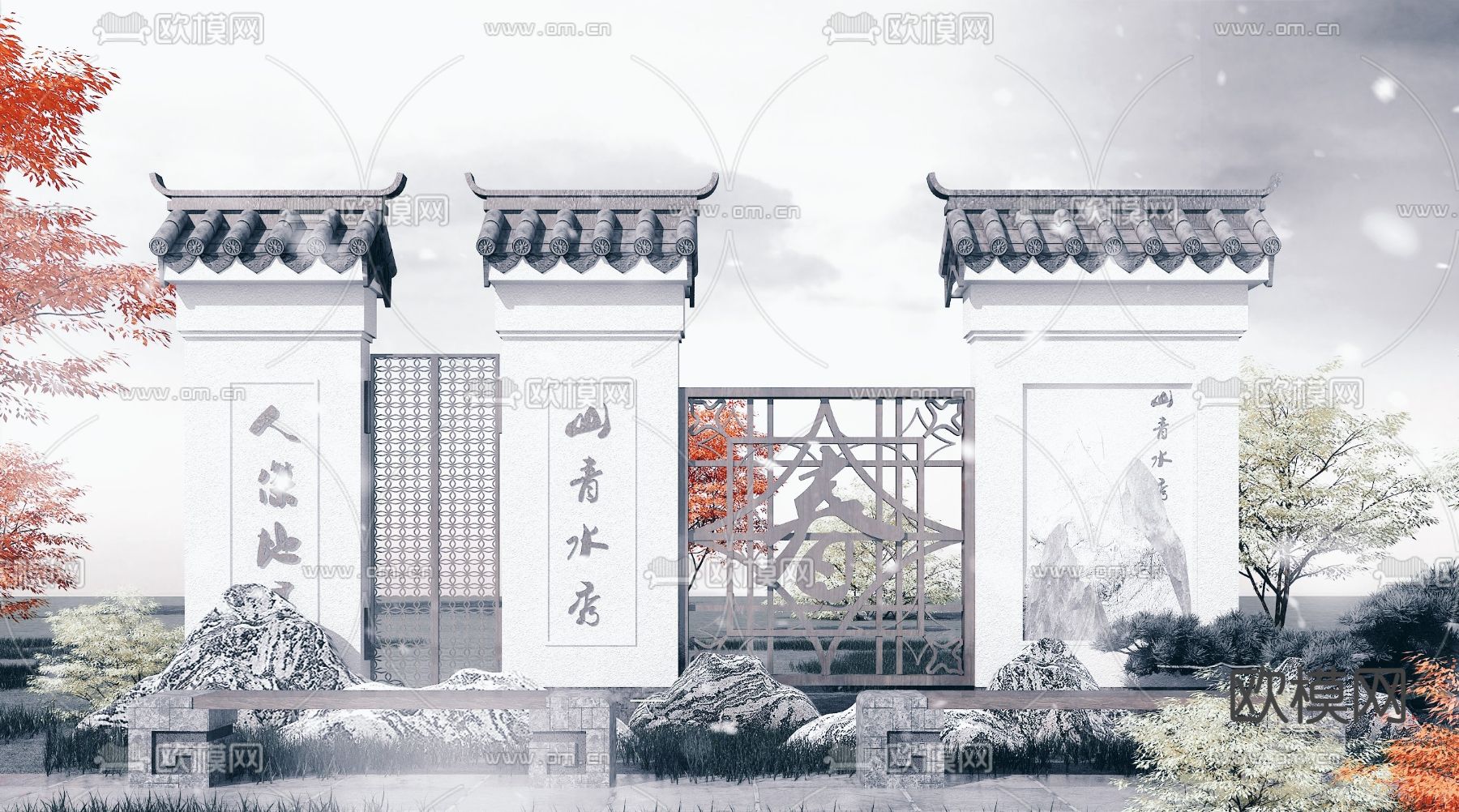 中式园林景观墙3d模型