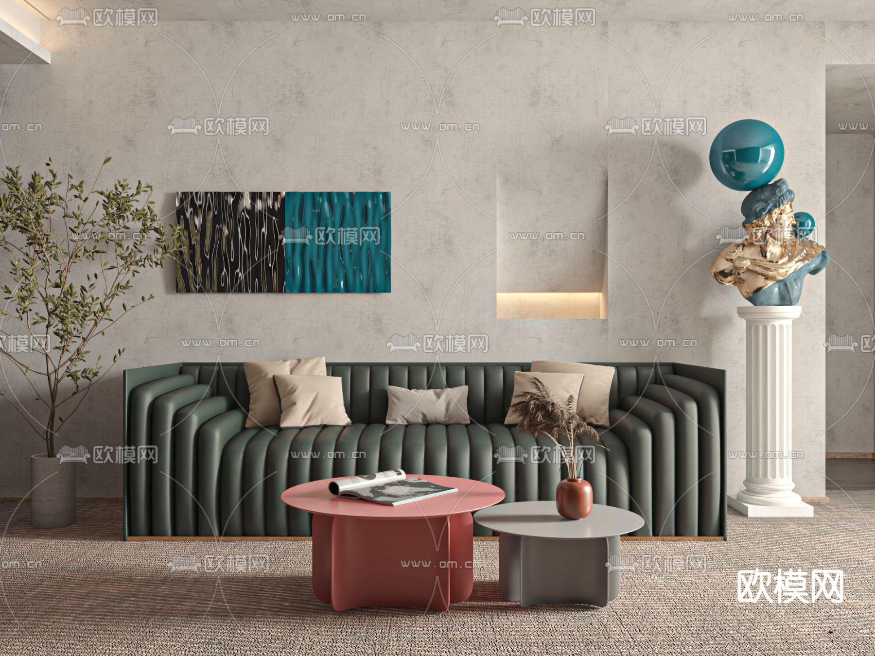 侘寂布艺多人沙发3d模型下载