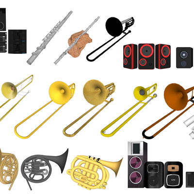  现代音响圆号长笛长号乐器su模型 