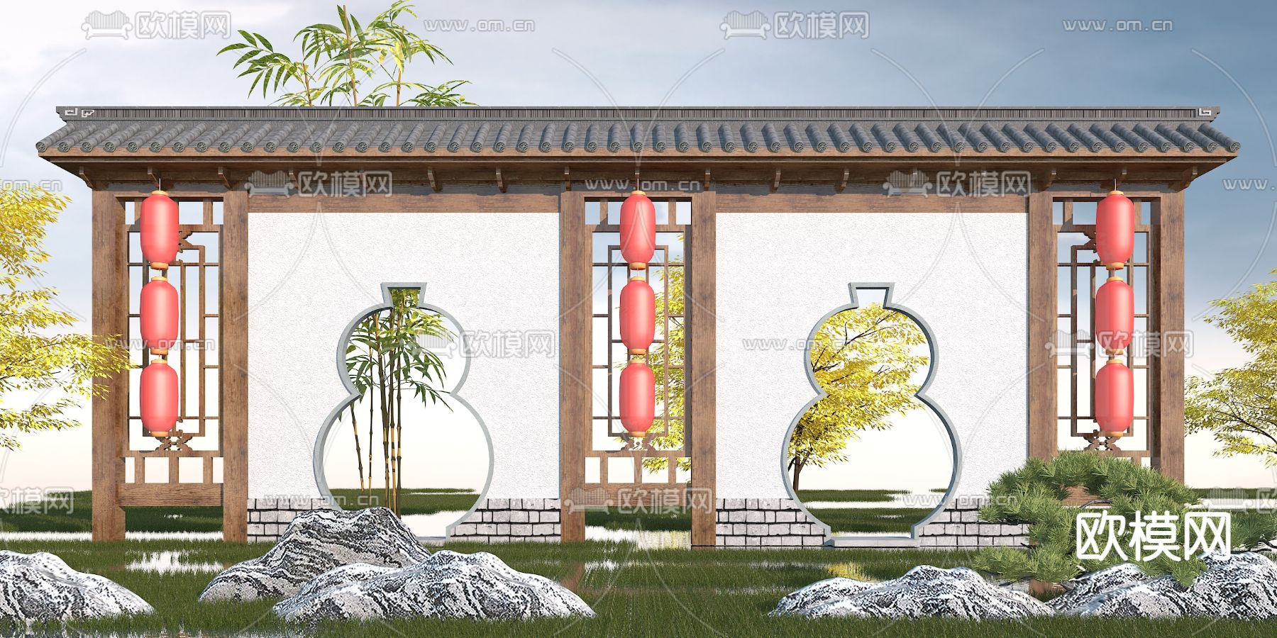 新中式景观墙3d模型下载