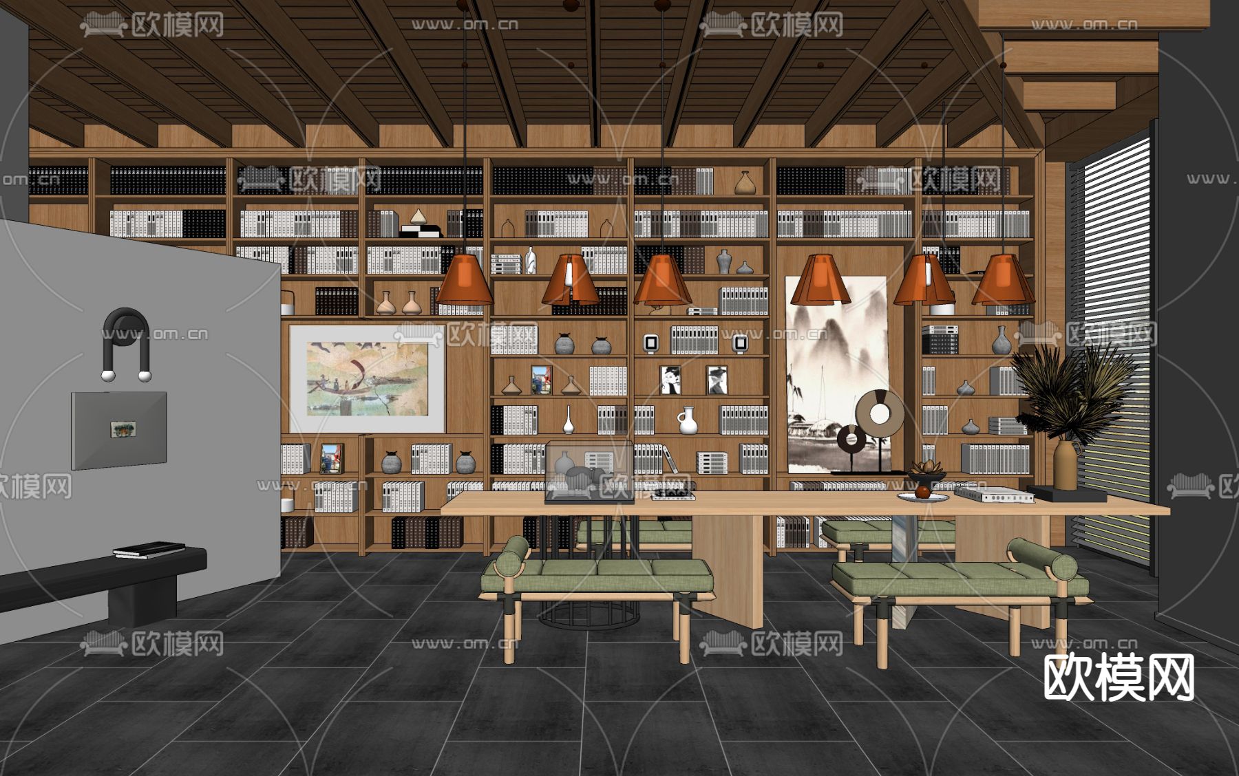 新中式图书馆su模型下载