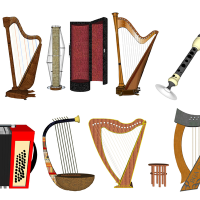  现代乐器手风琴竖琴su模型 