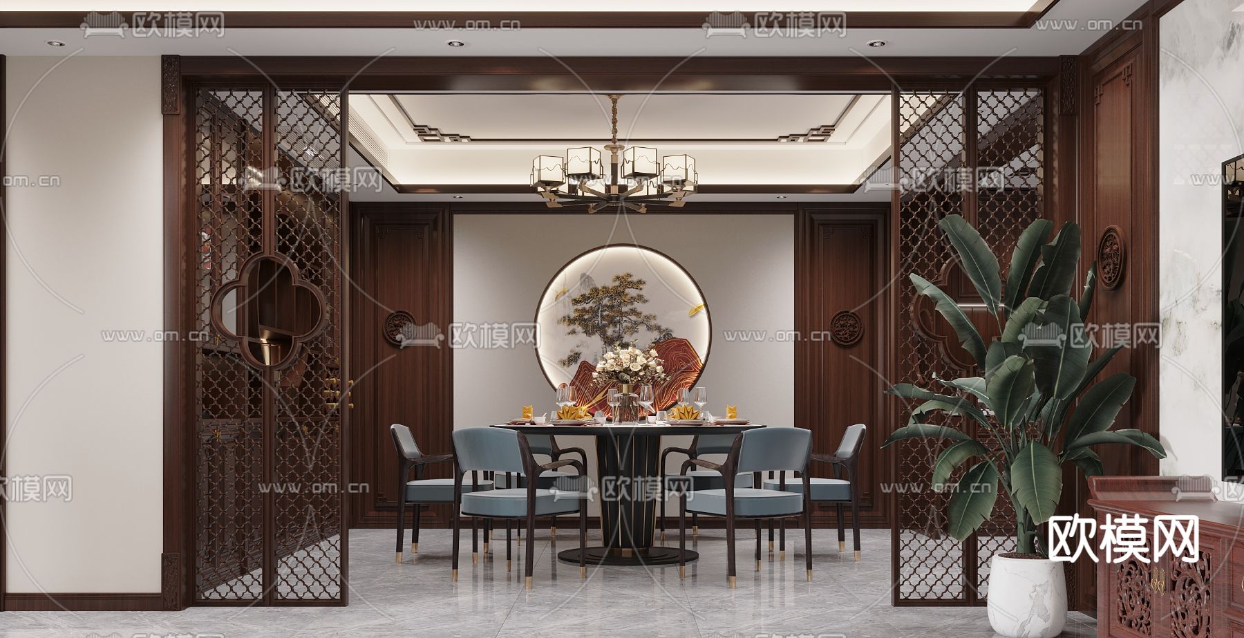 中式客厅餐厅3d模型