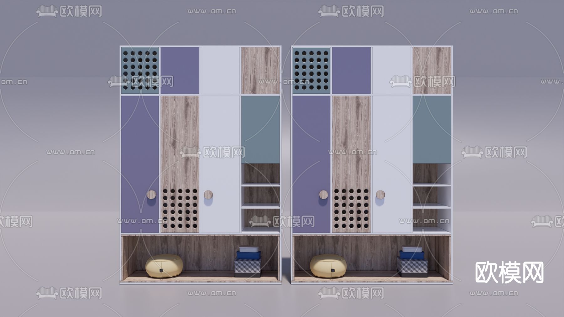现代实木儿童衣柜su模型下载（渲染图1）