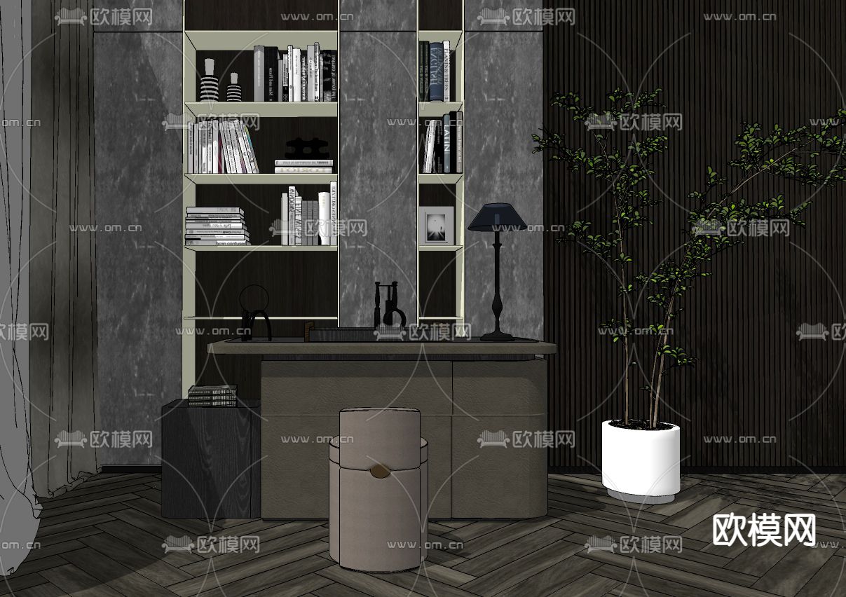 现代轻奢书桌椅su模型下载（渲染图2）