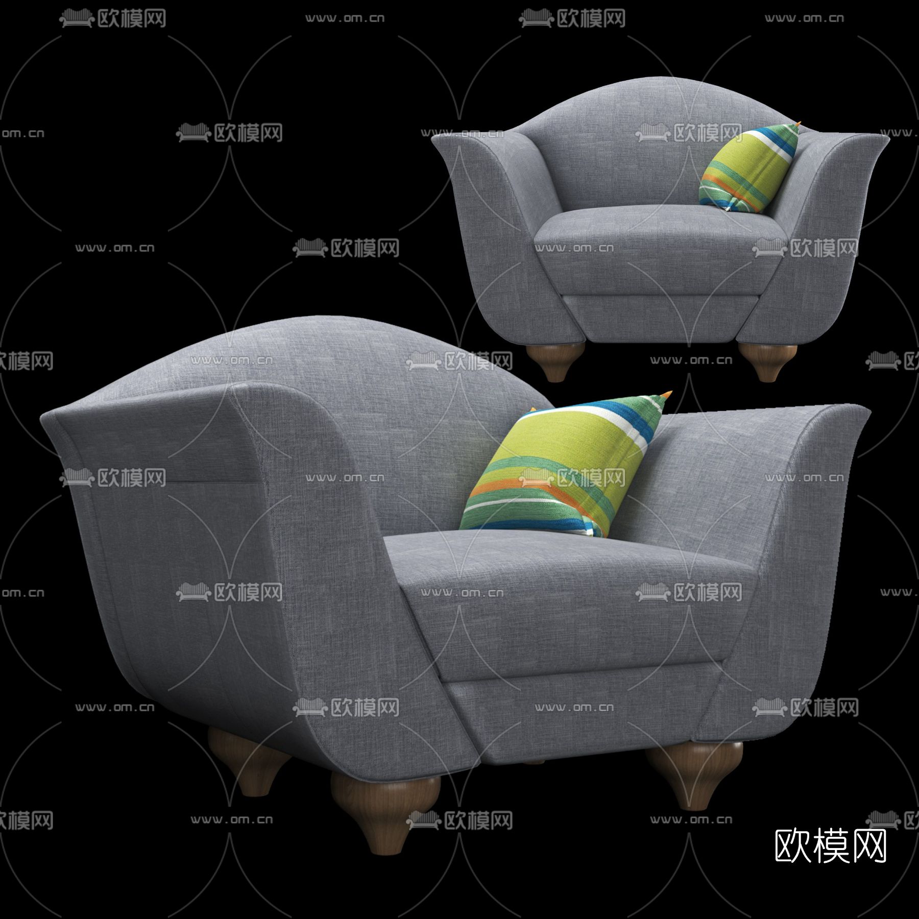 简欧布艺单人沙发免费3d模型下载