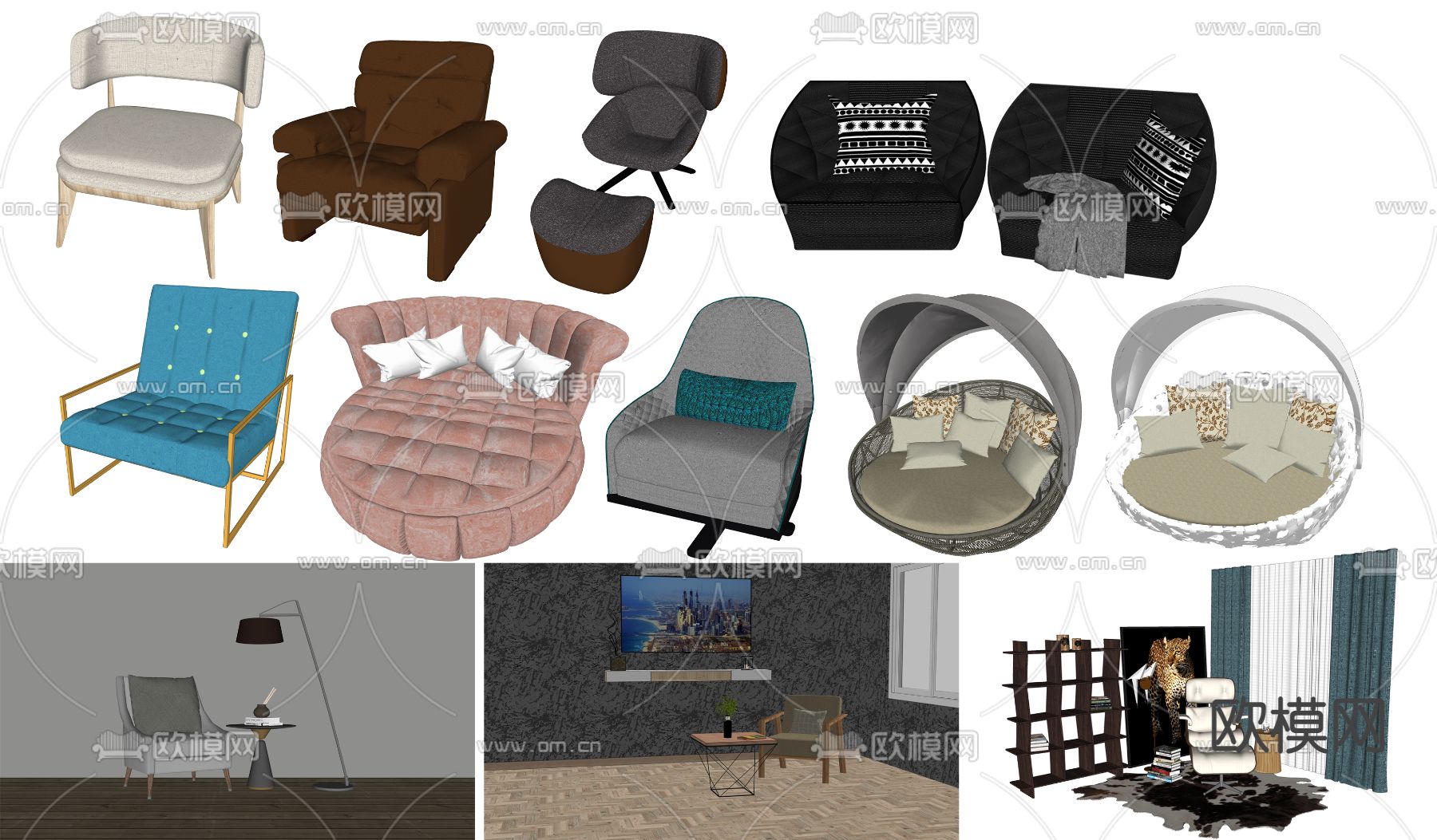 现代布艺休闲沙发su模型下载