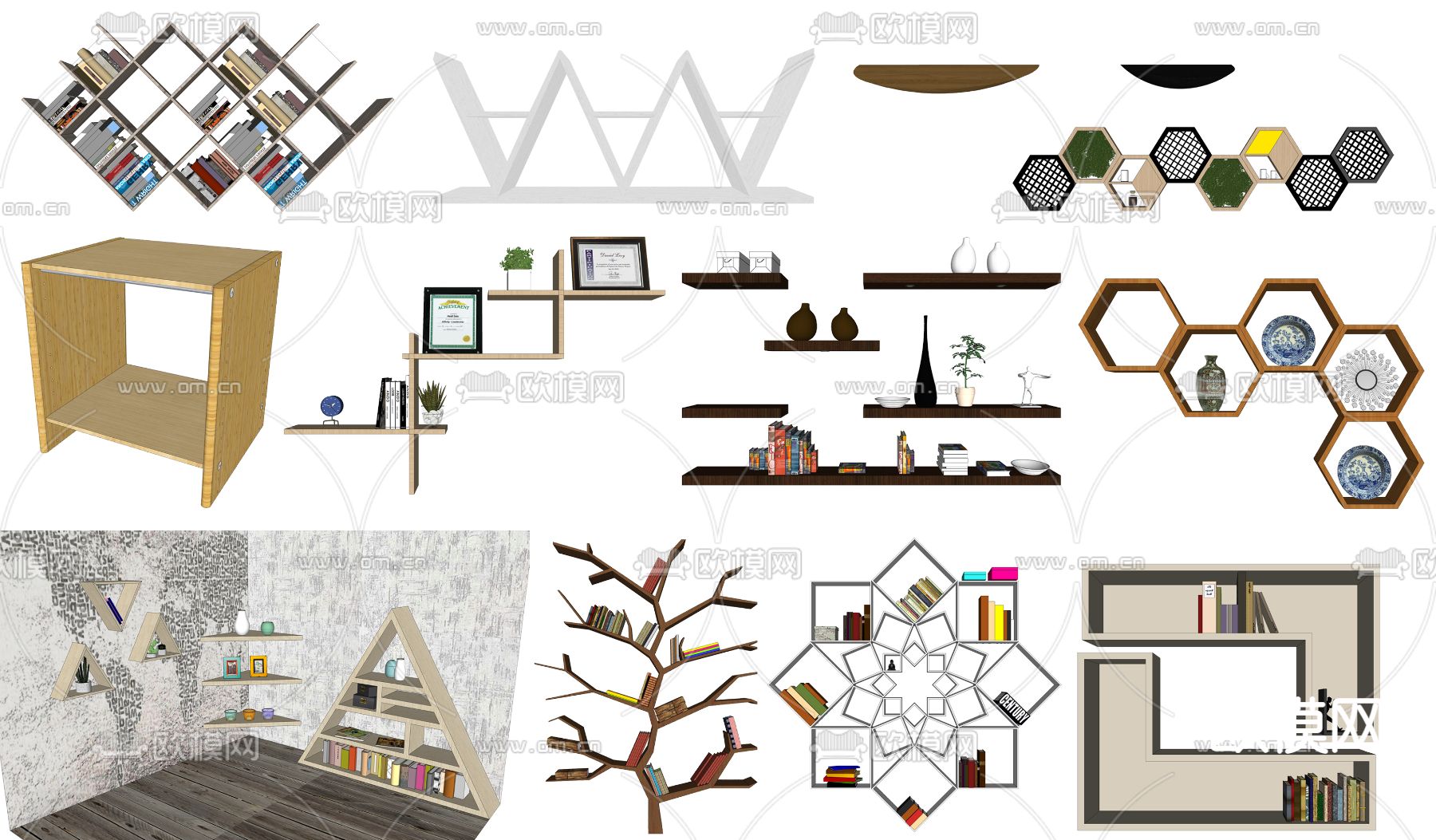 现代置物架书架su模型下载