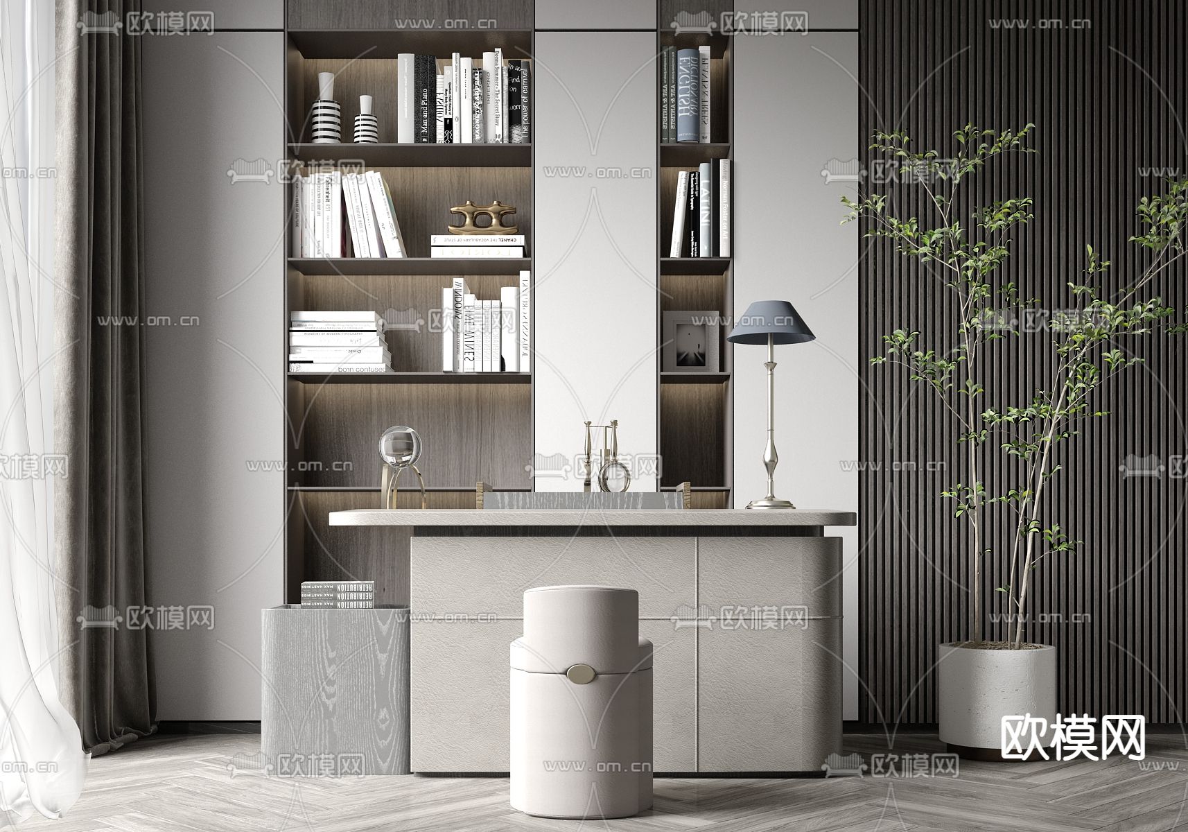 现代轻奢书桌椅su模型下载（渲染图1）