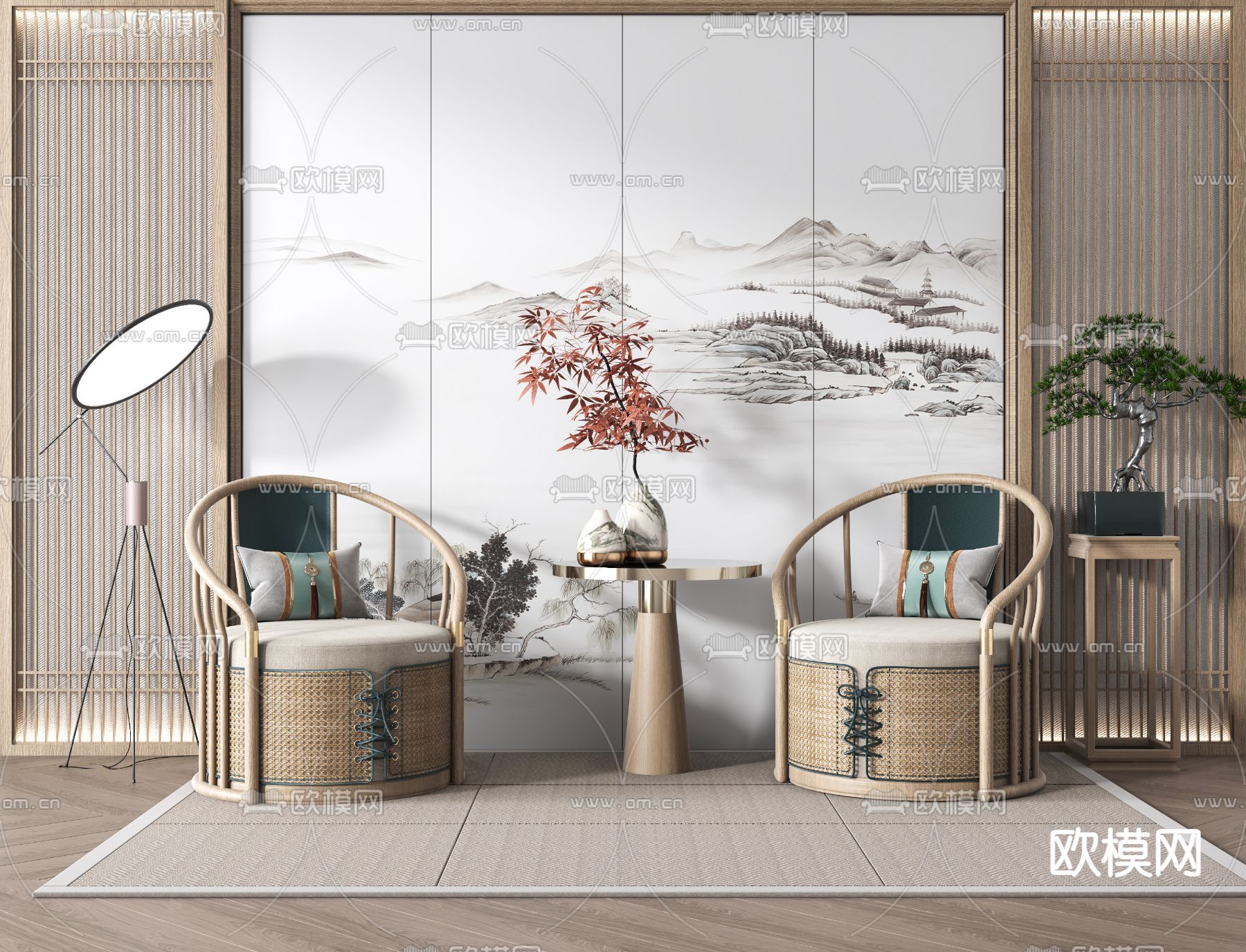 新中式藤编单人沙发3d模型下载