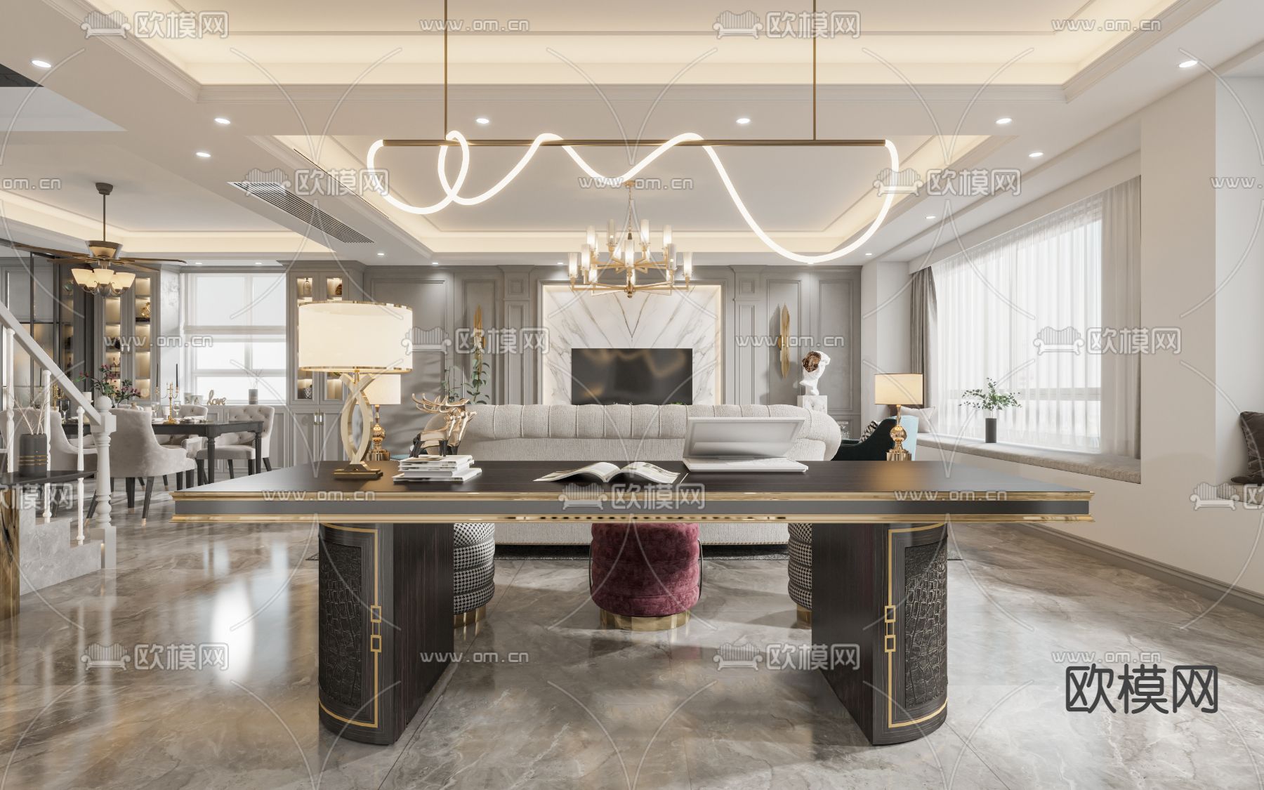 简欧复式客餐厅3d模型下载（渲染图3）