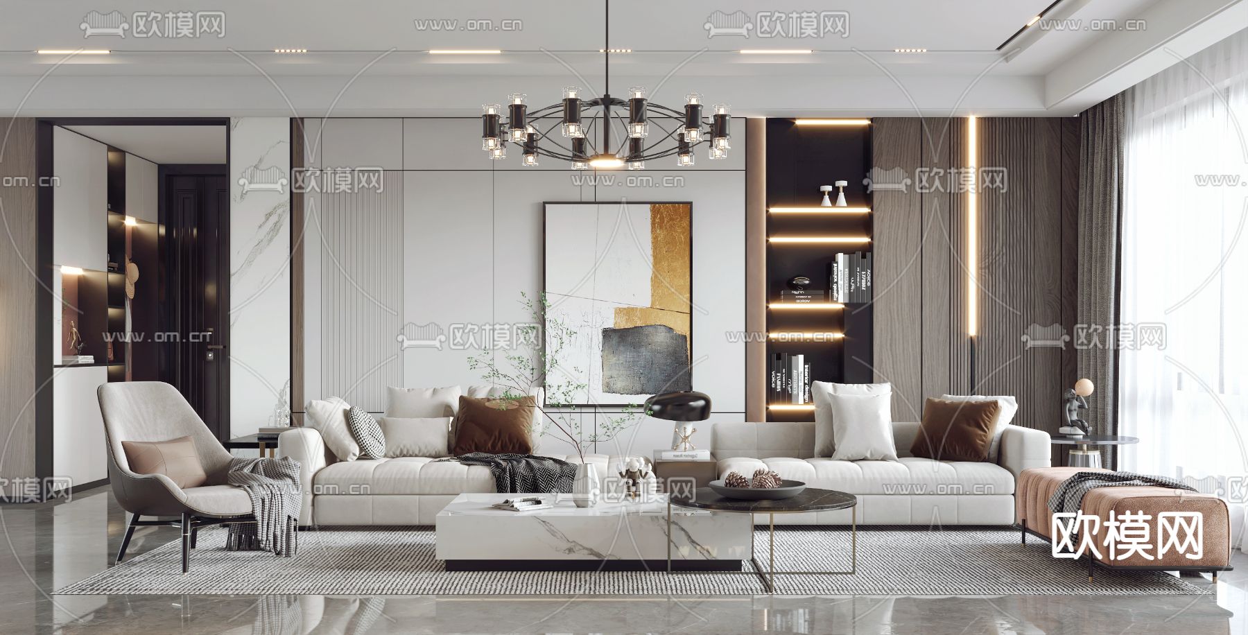 现代轻奢客厅3d模型下载（渲染图1）