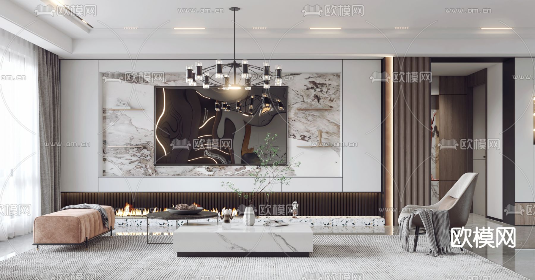 现代轻奢客厅3d模型下载（渲染图2）