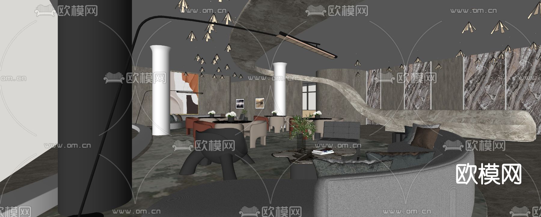 现代酒店大堂吧su模型下载（渲染图2）