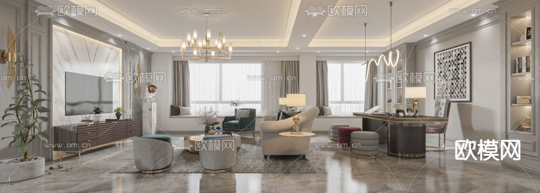 简欧复式客餐厅3d模型下载（渲染图2）