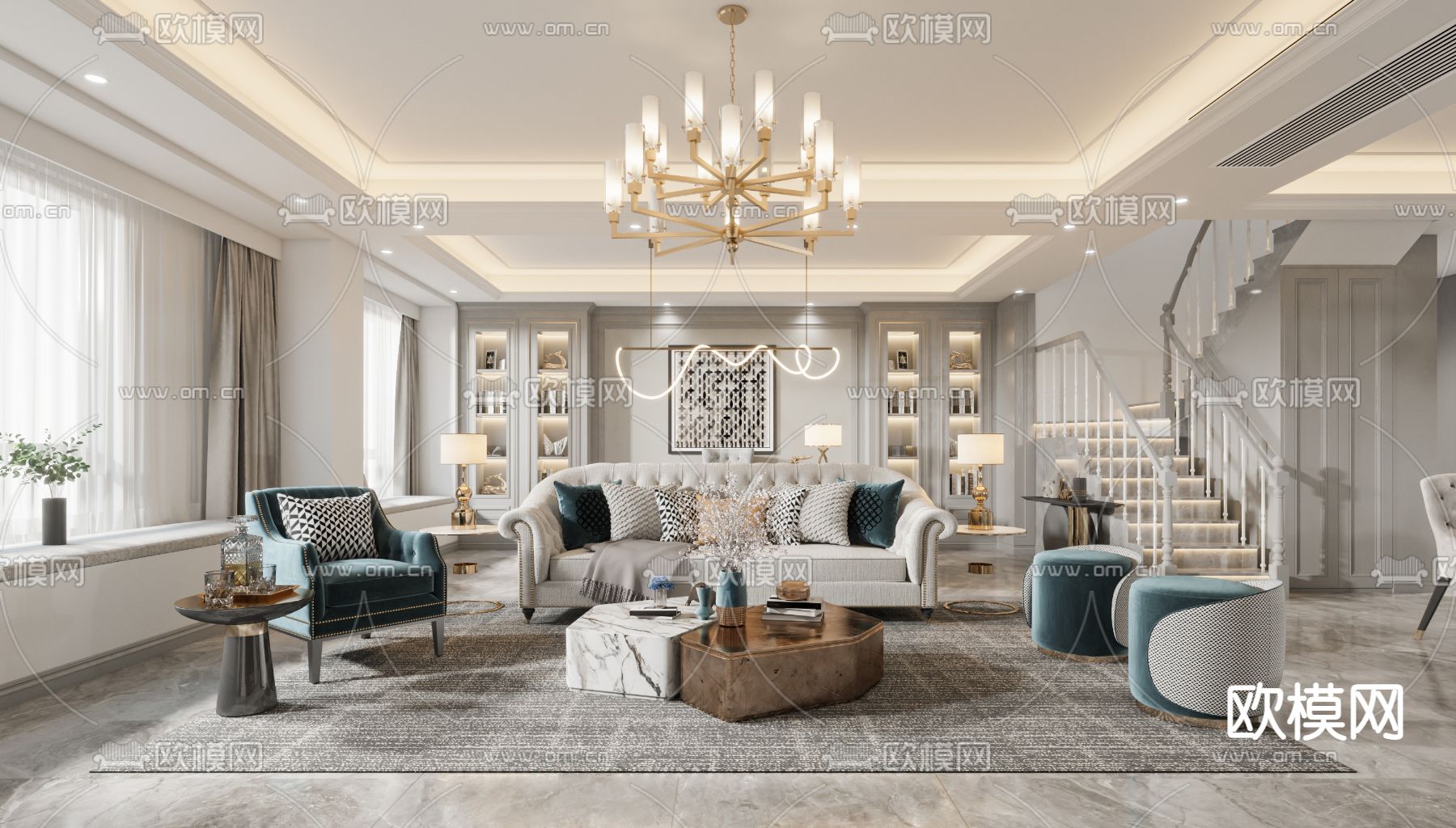 简欧复式客餐厅3d模型下载（渲染图1）