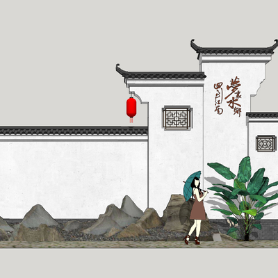 新中式景墙小品su模型