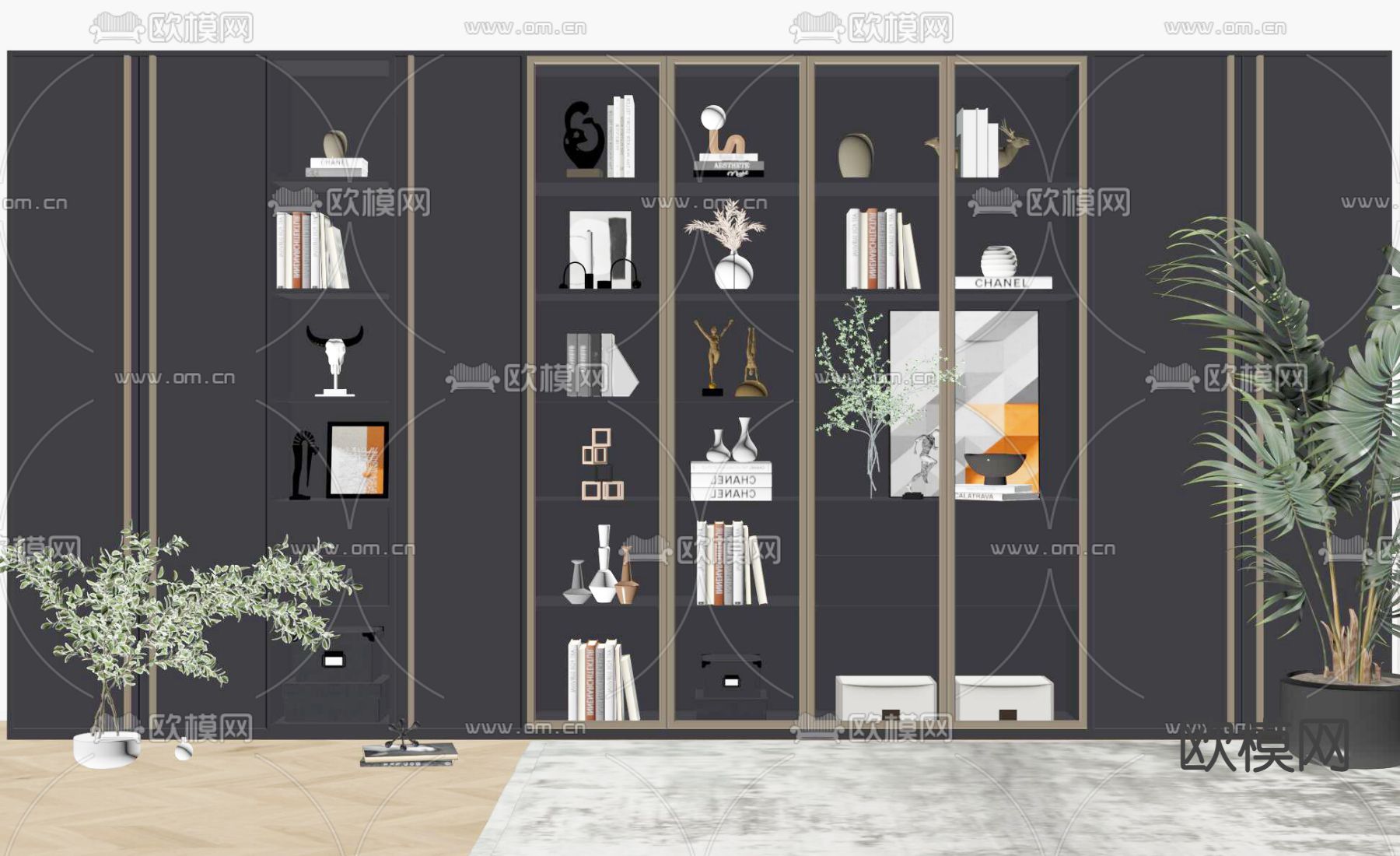 现代轻奢书柜装饰柜su模型下载（渲染图2）