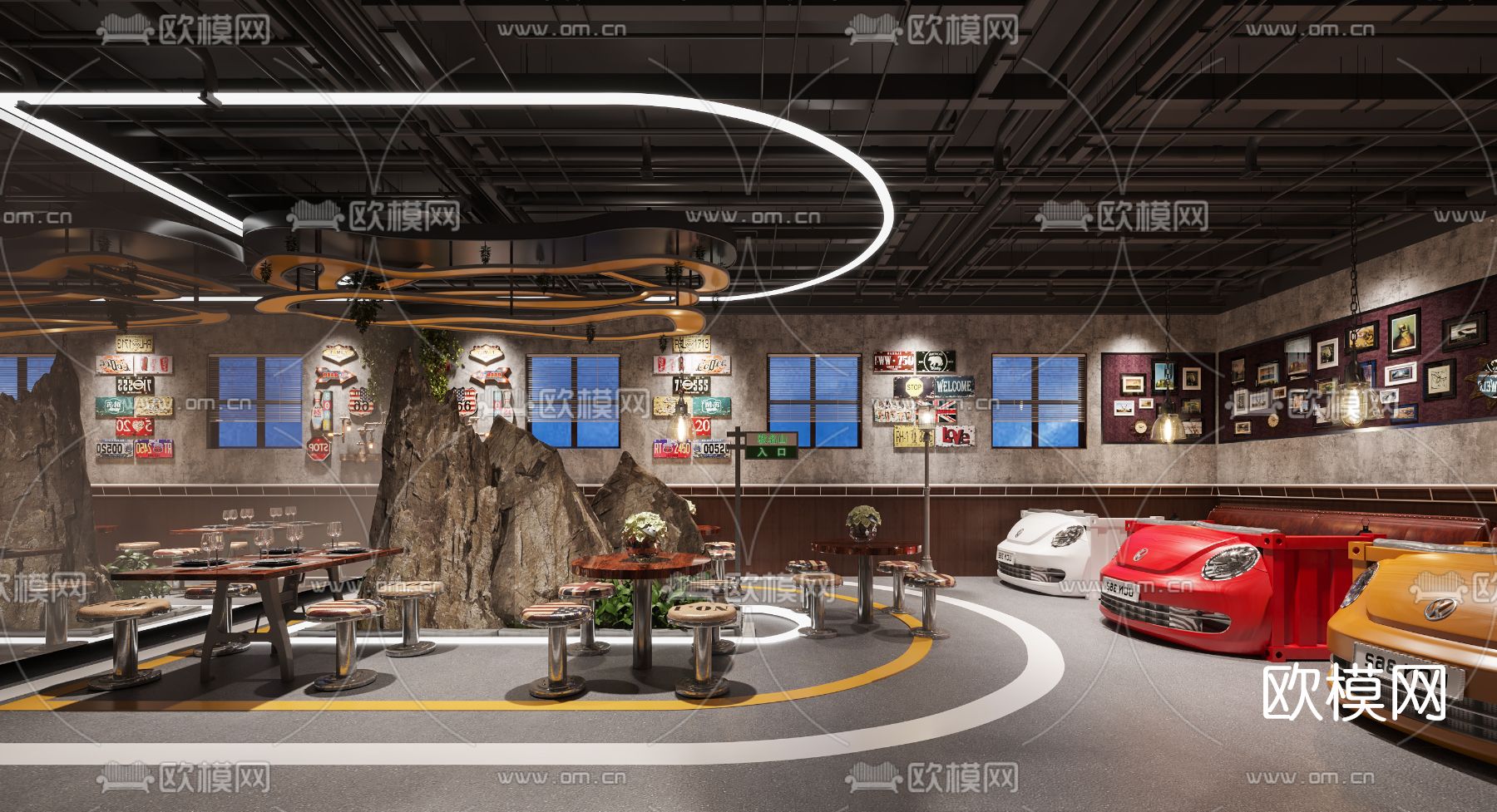 工业风汽车主题餐厅3d模型