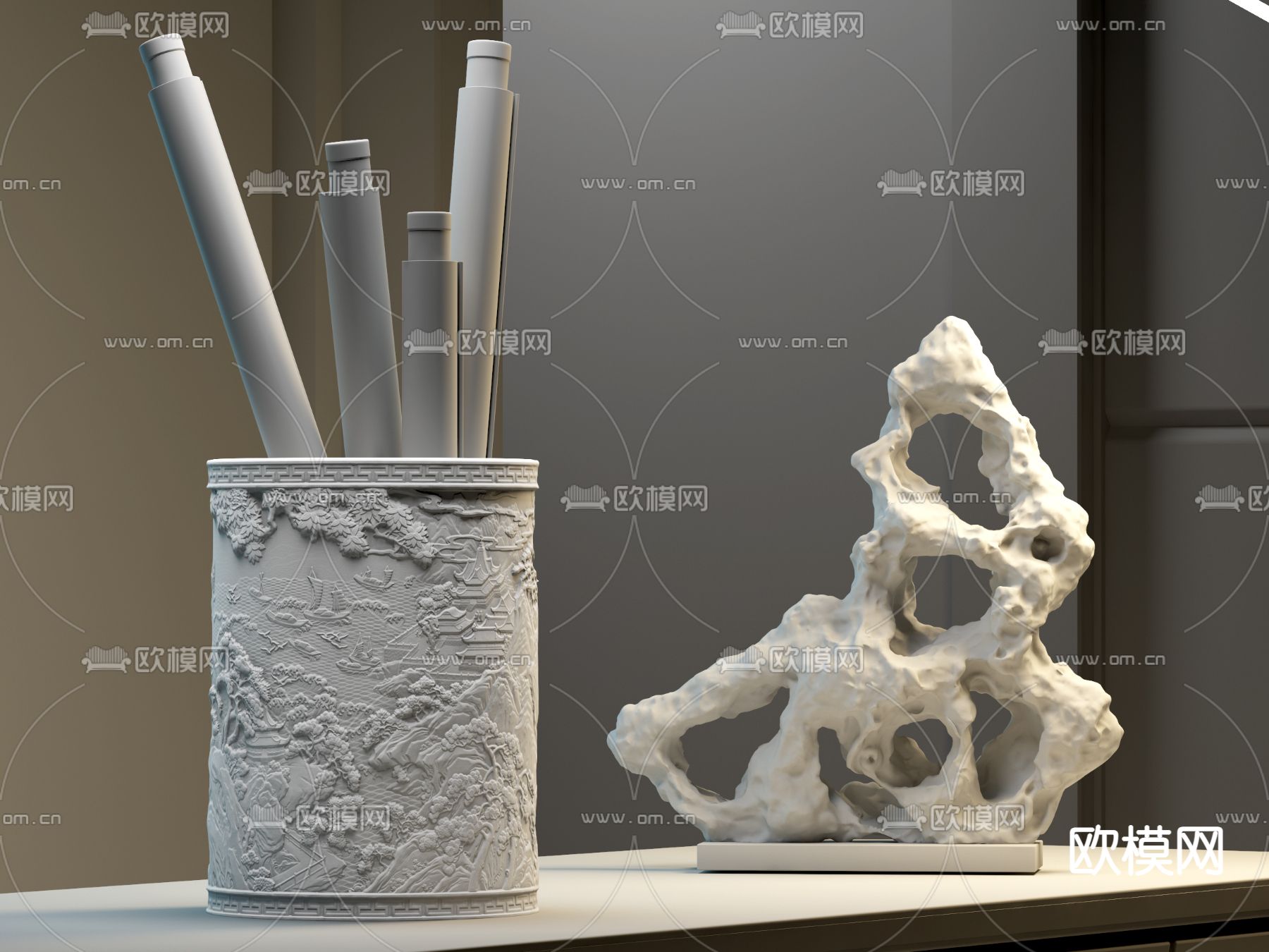 新中式太湖石画筒摆件3d模型