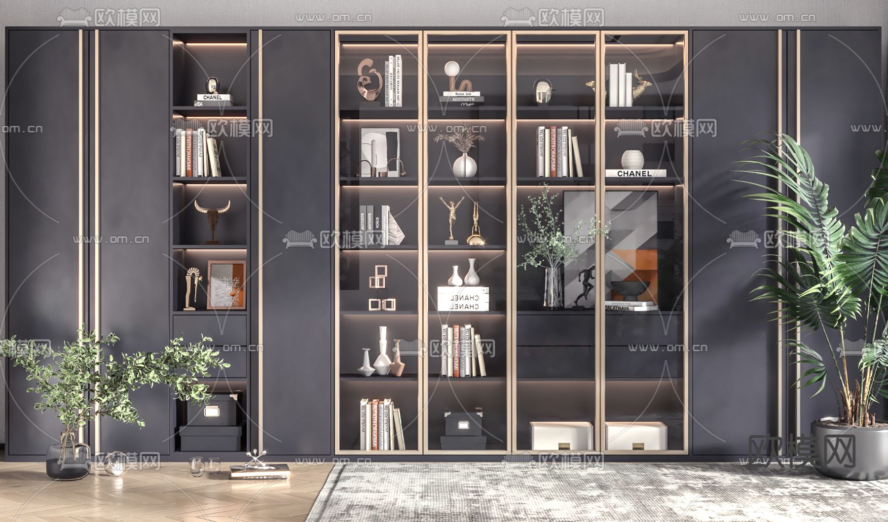 现代轻奢书柜装饰柜su模型下载（渲染图1）