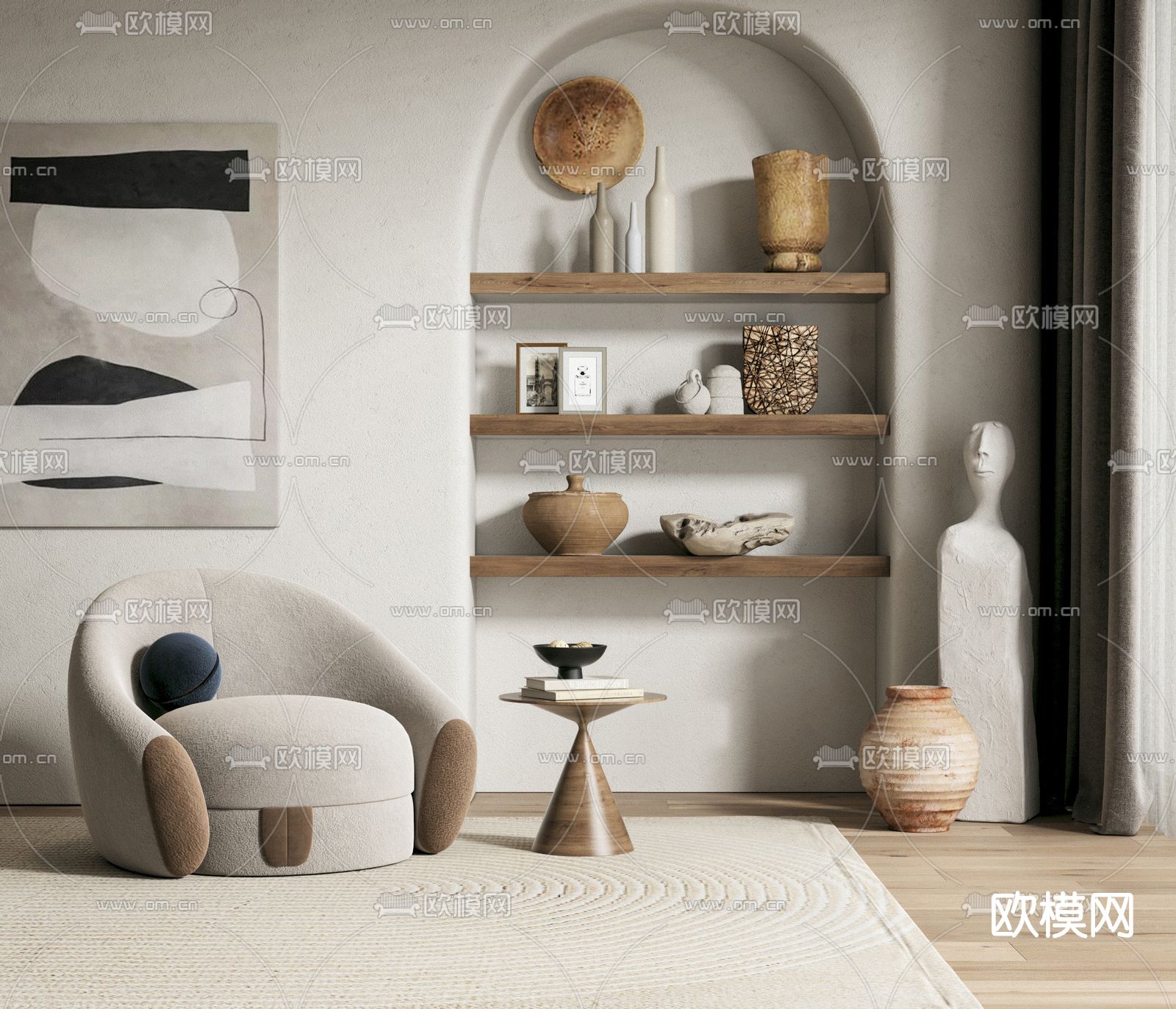 侘寂布艺休闲沙发su模型下载