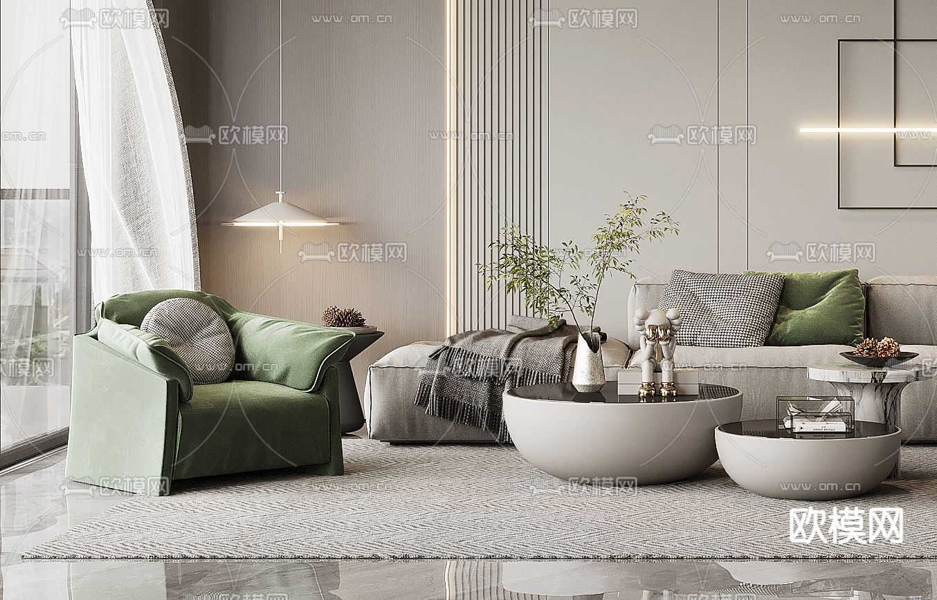 现代布艺沙发组合3d模型下载（渲染图2）