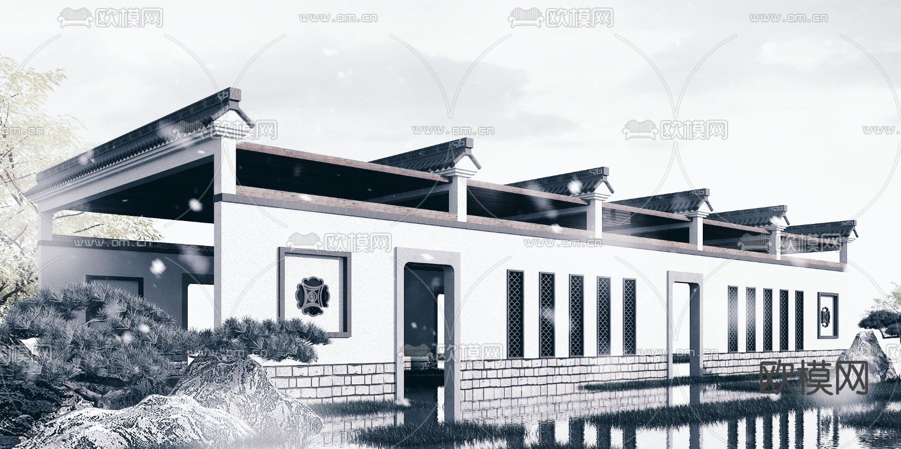 中式长廊园林景观小品3d模型下载