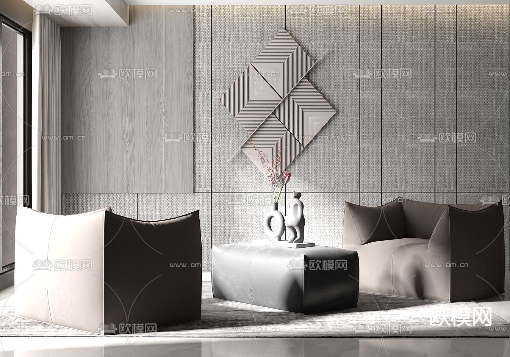 现代布艺懒人沙发su模型下载（渲染图1）