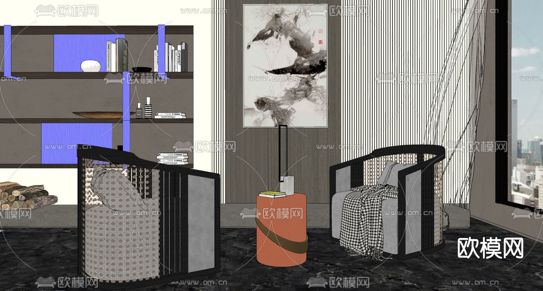 新中式藤编休闲椅su模型下载（渲染图2）